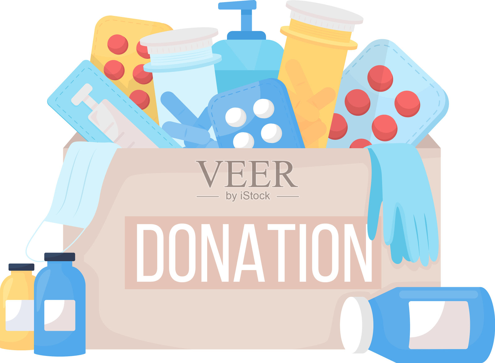 捐款箱与药品半平面颜色项目插画图片素材