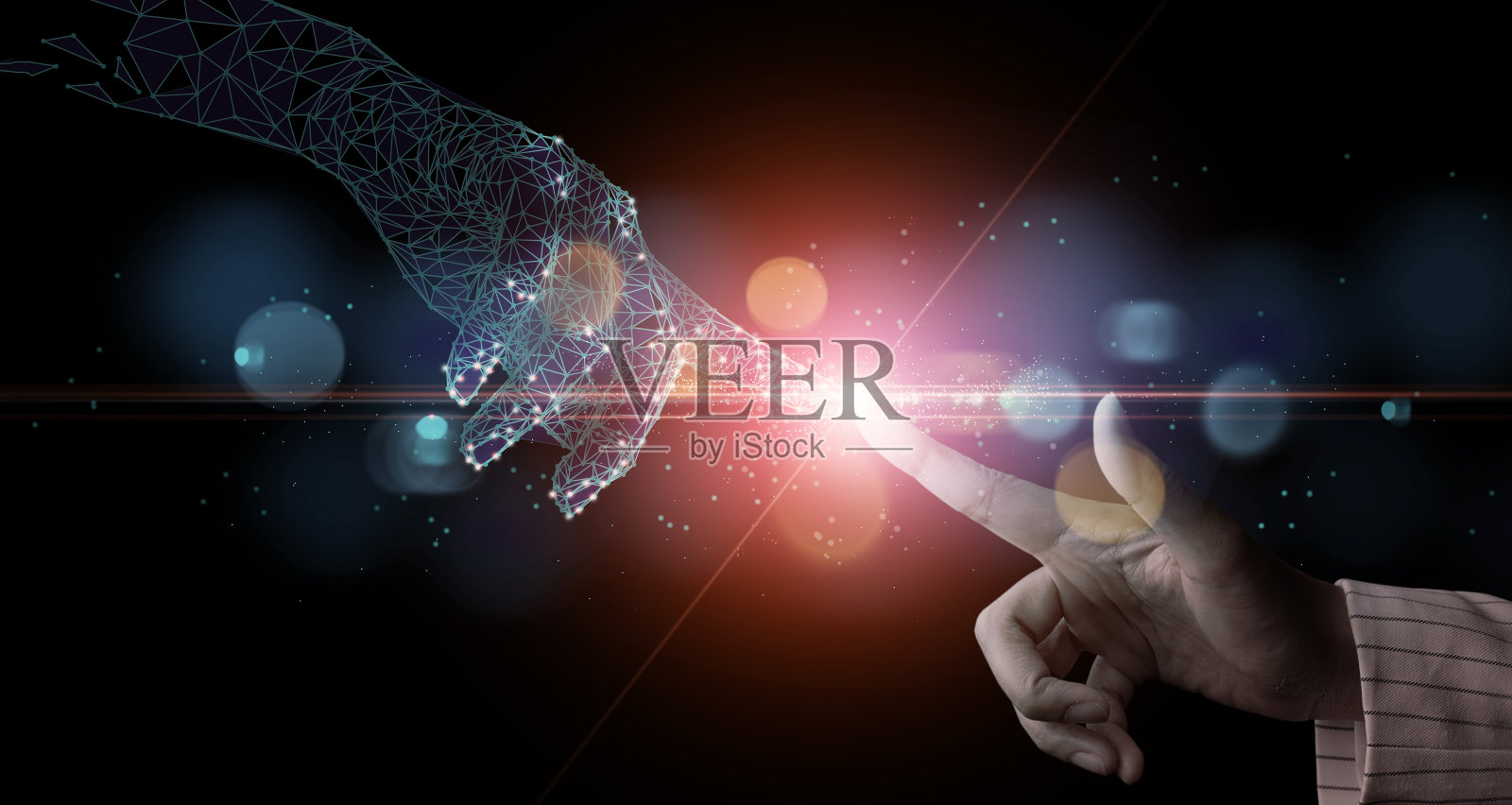 女商人手牵手人工智能意科技连接未来照片摄影图片