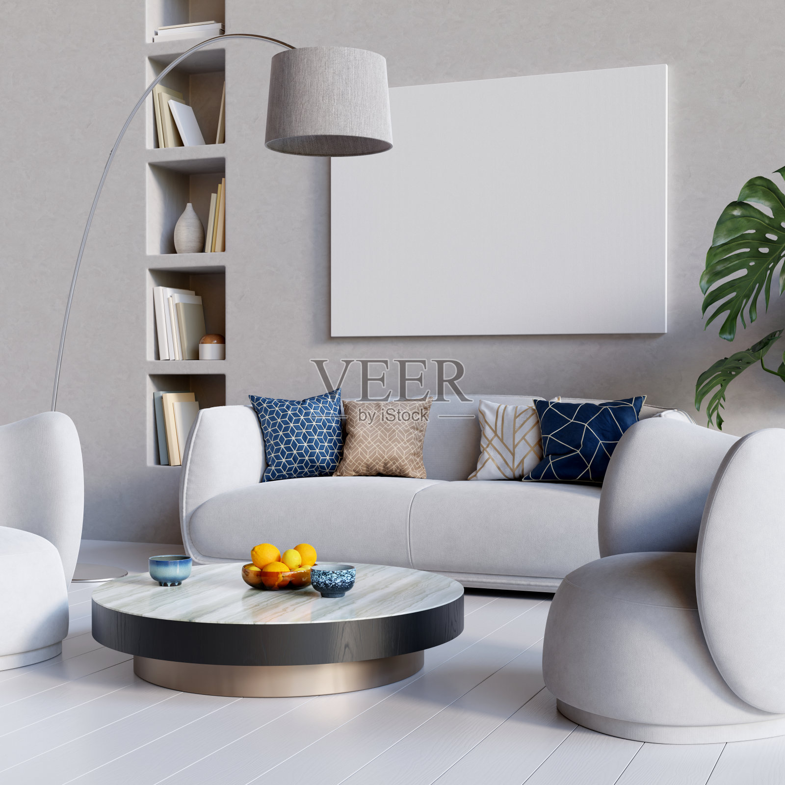 现代的客厅内部,圆形的家具和墙上的大画布模拟。3 d渲染。照片摄影图片