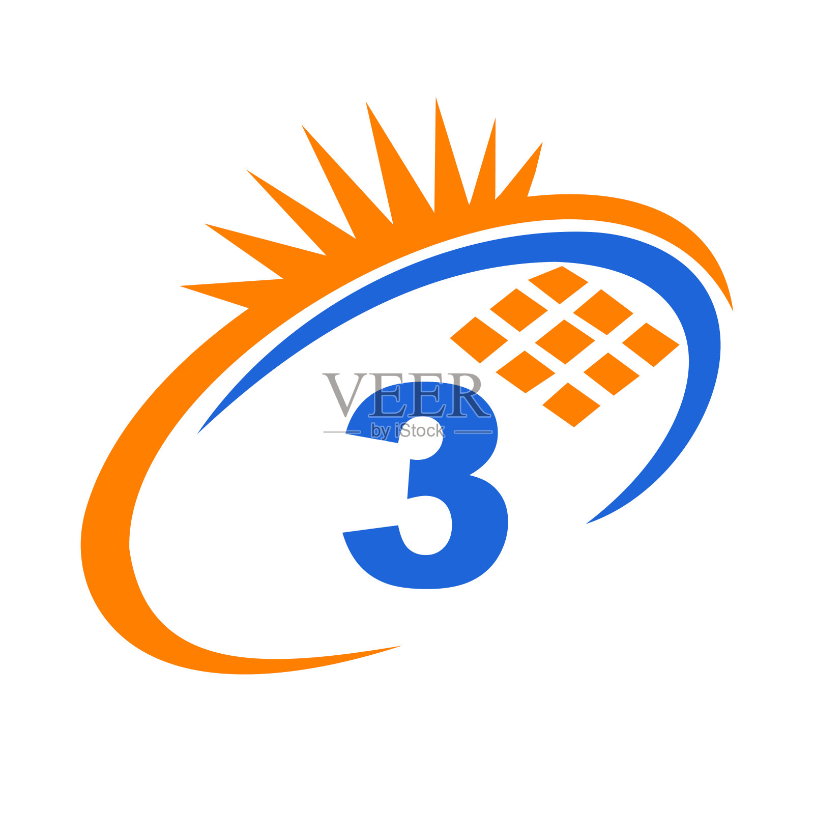 字母3内部太阳能电池或太阳能电池板能源标志设计。字母3标志与太阳能元素,太阳,太阳能电池板的标志插画图片素材