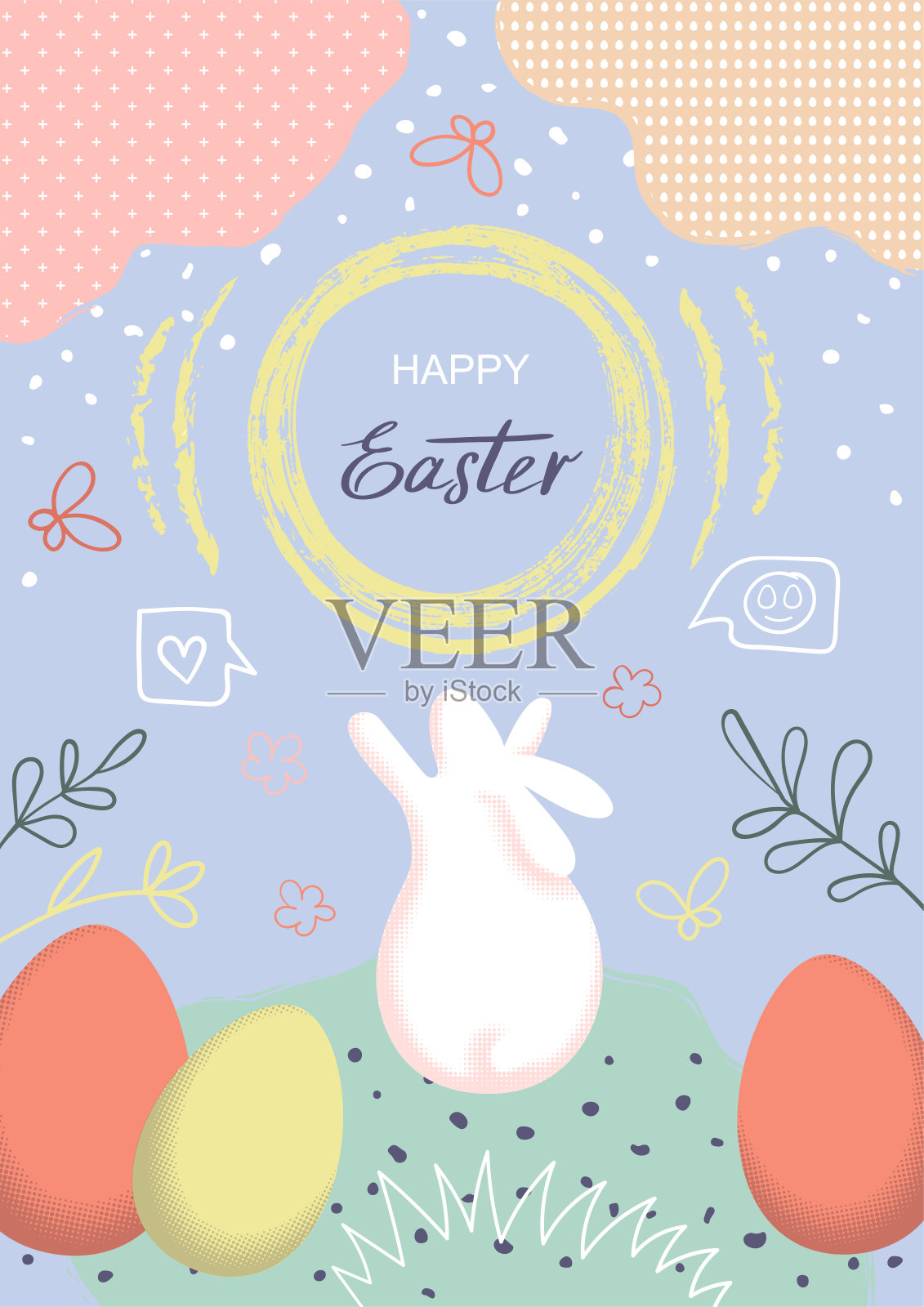复活节快乐手绘彩蛋和兔子设计模板素材