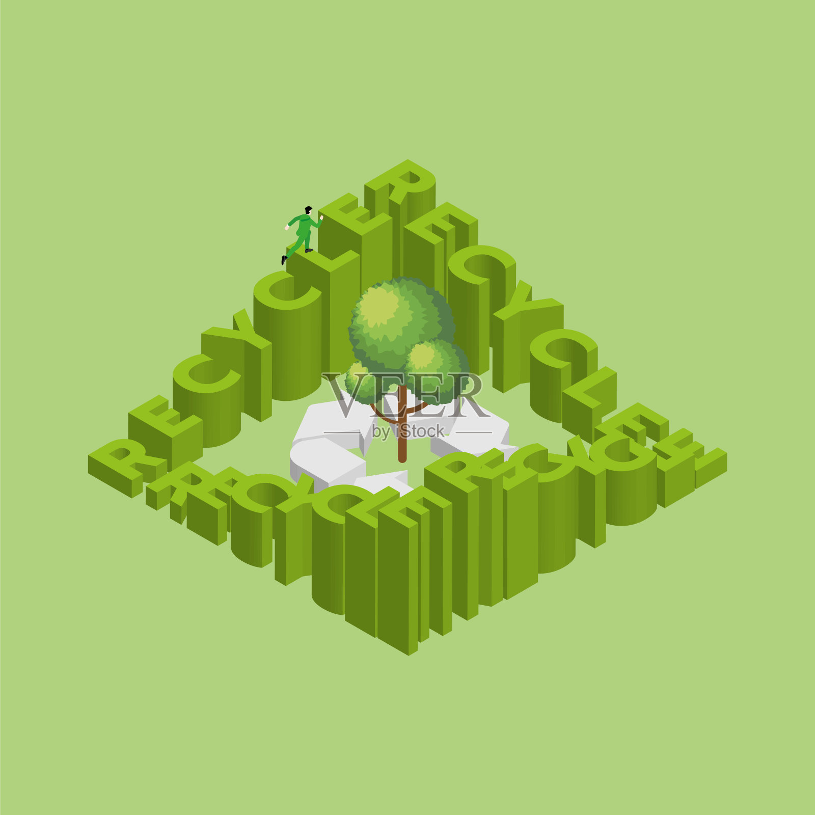 一名男子用一棵树循环着文字“RECYCLE”和“Symbol”。循环循环环保理念,关注环保,地球日,拯救地球,生态友好,可持续发展。插画图片素材