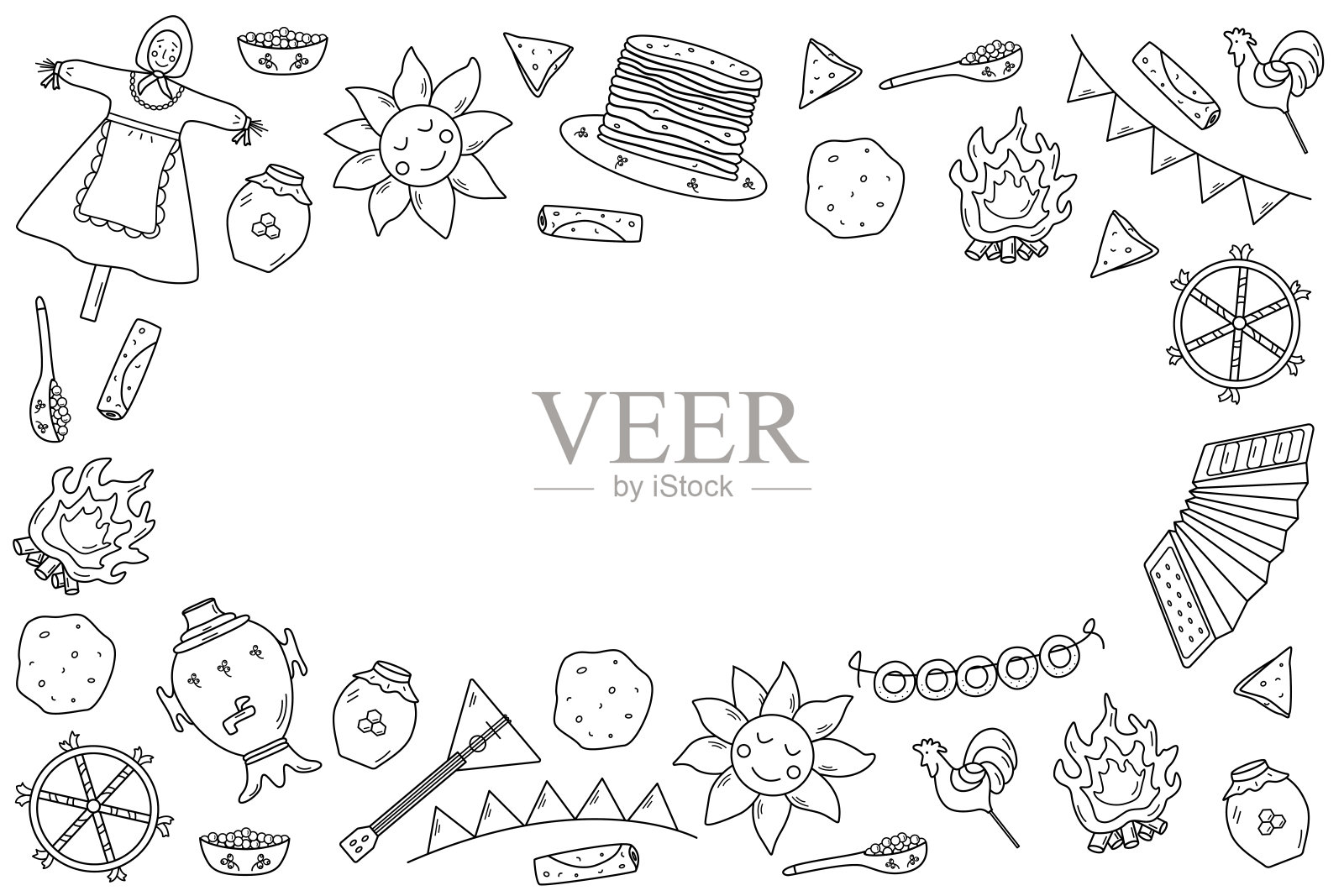 一组薄饼日的涂鸦元素。传统的俄罗斯节日Maslenitsa的图标矢量插图。太阳,稻草人,手风琴,巴拉莱卡,茶炊,插画图片素材