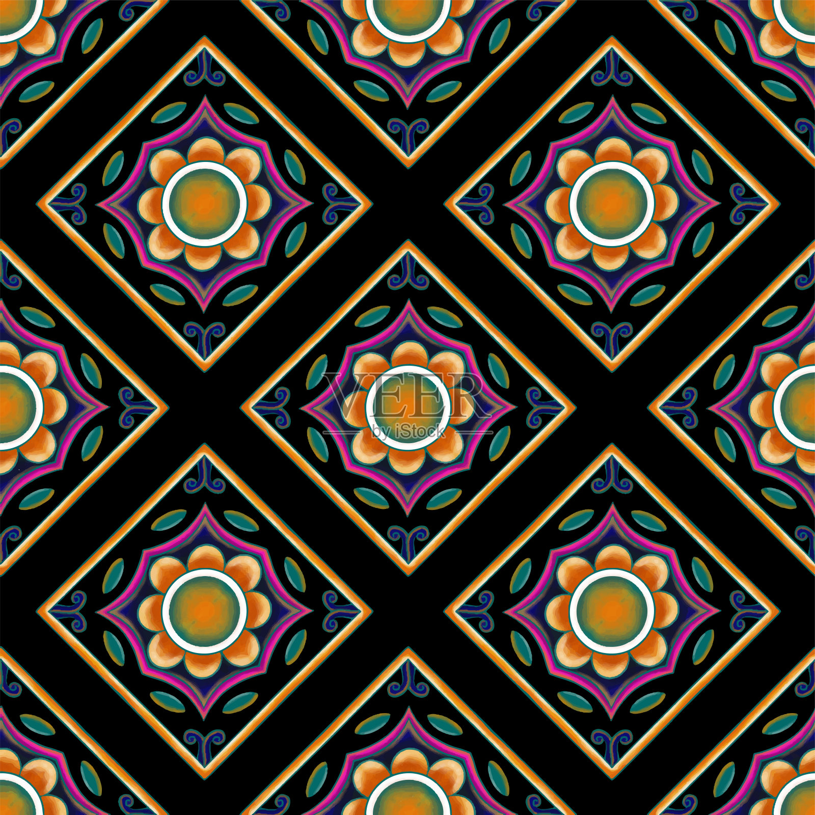 橙色花在黑色上。几何民族东方图案传统设计背景,地毯,壁纸,服装,包装,蜡染,织物,矢量插图刺绣风格。插画图片素材