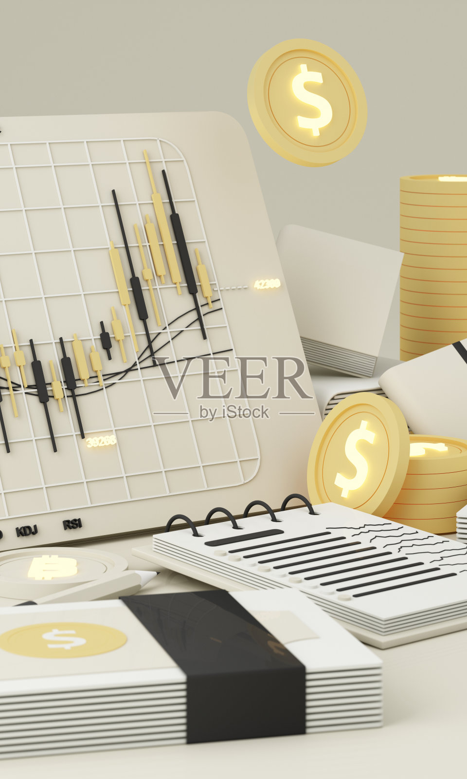 为人们进入加密货币市场的指南,有价格图表和铅笔和笔记纸,以研究蓝色背景3d渲染照片摄影图片