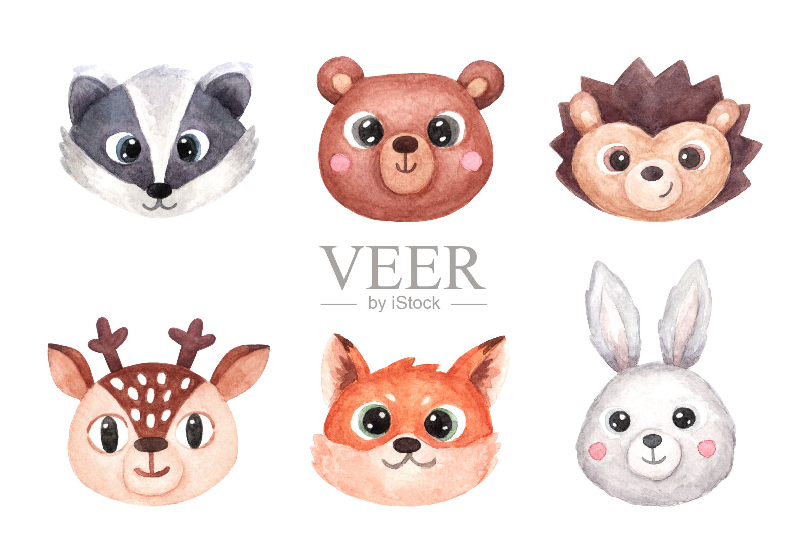 设置了可爱的动物的脸或头。林地动物小鹿,熊,刺猬,兔子,獾,狐狸。在白色背景上孤立的卡通风格的水彩插图。插画图片素材