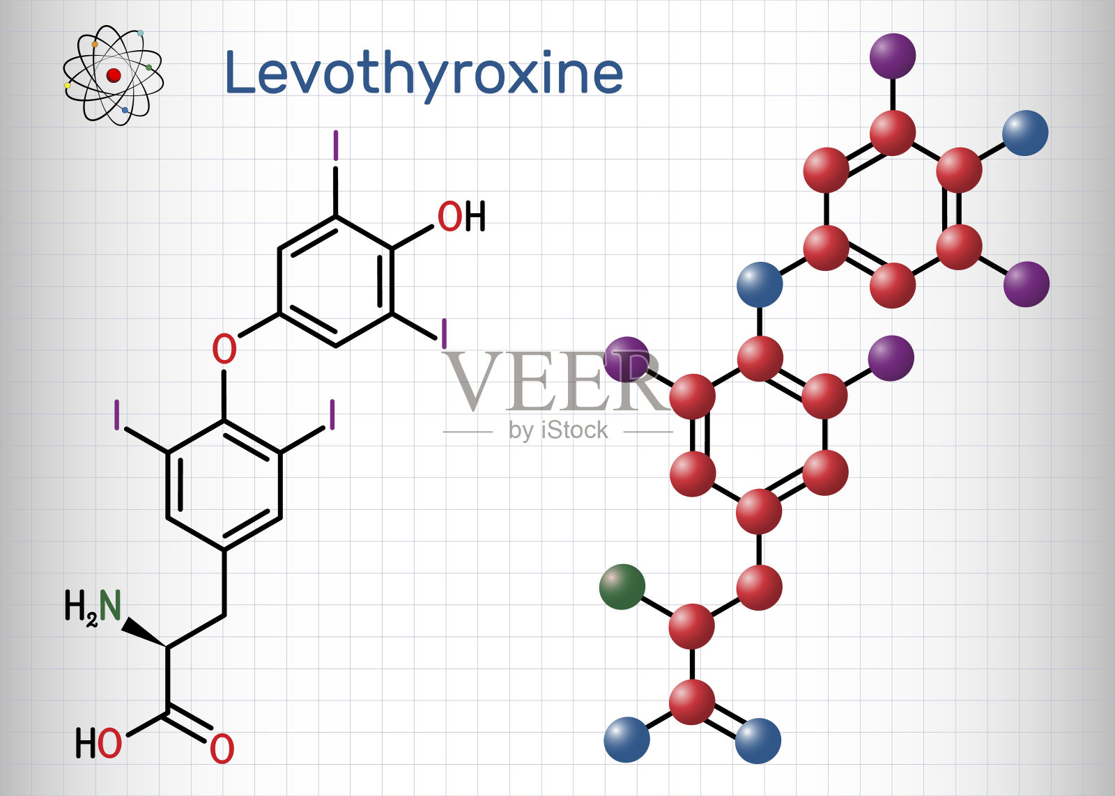 左旋甲状腺素,甲状腺素分子。它是合成形式的甲状腺激素甲状腺素,T4激素,用于治疗甲状腺功能减退症。结构化学式,分子模型。一张纸在笼子里插画图片素材