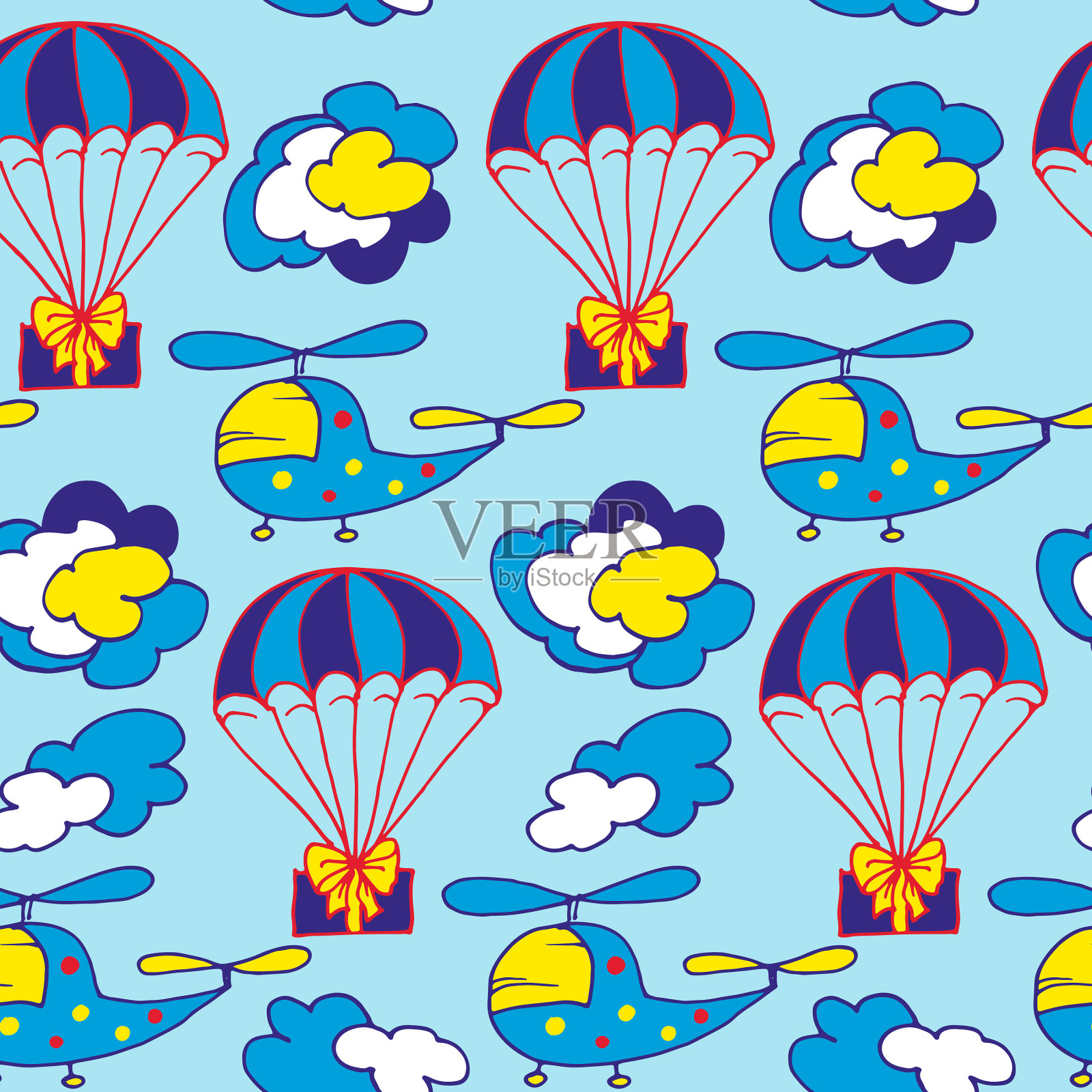 孩子们的无缝图案,蓝色背景上的礼物直升机和降落伞插画图片素材