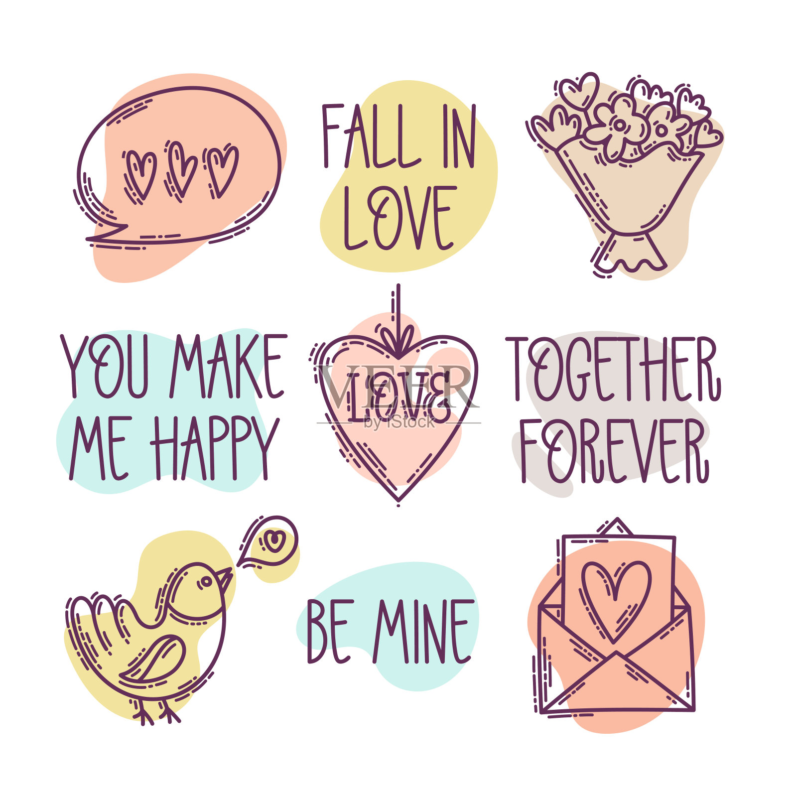 情人节涂鸦风格手绘图标与简单的雕刻复古效果和报价插画图片素材