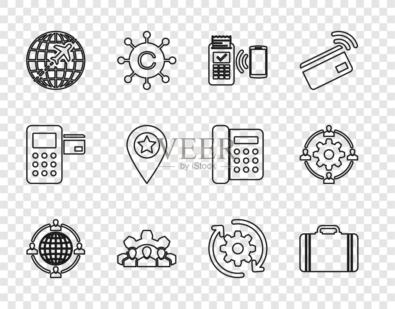 集线上外包概念,旅游手提箱,POS终端,项目团队基地,环球飞行,位置星,齿轮和箭头工作流和图标。向量图标素材