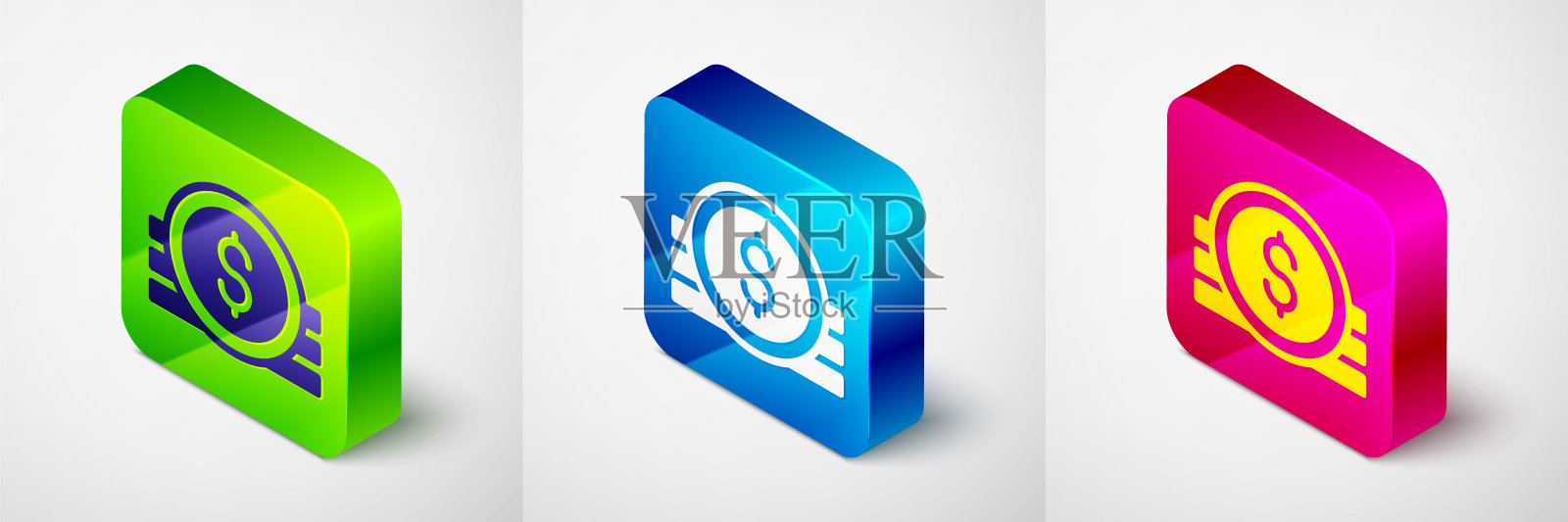 等距古代钱币图标孤立在灰色背景上。方形按钮。向量图标素材