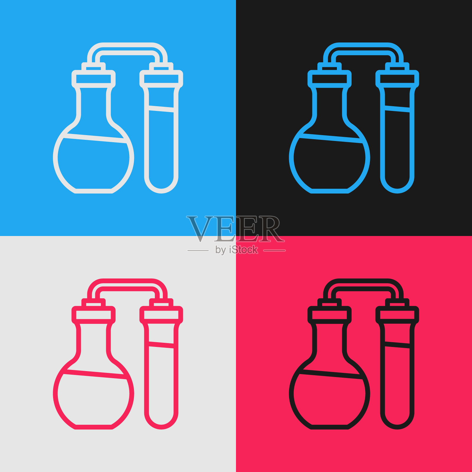 试管和烧瓶化学实验室测试图标孤立的颜色背景。实验室玻璃器皿。向量插画图片素材