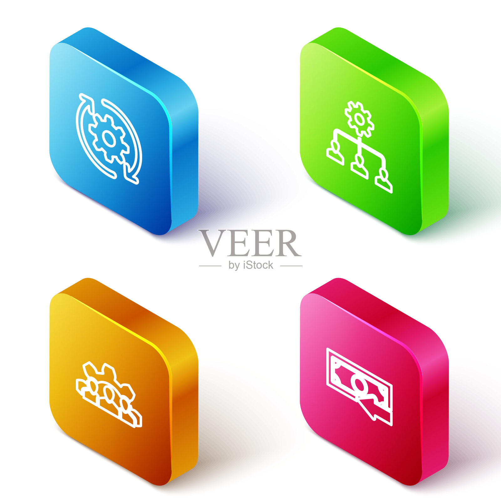 设置等距线齿轮和箭头作为工作流程,领导管理,项目团队基地和现金返回图标。向量图标素材