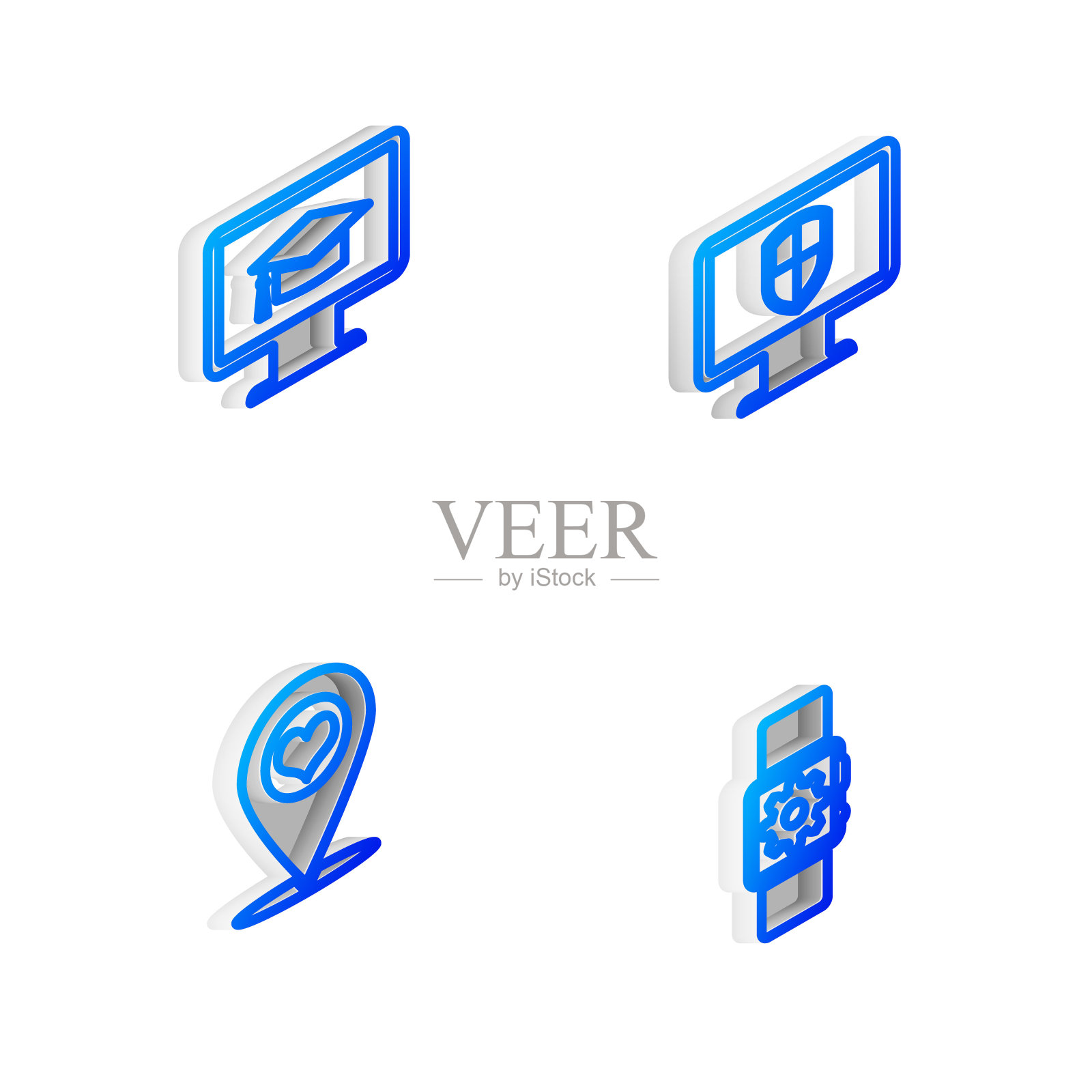 设置等距线显示器和屏蔽,带刻度帽,地图指针心和智能手表设置图标。向量图标素材