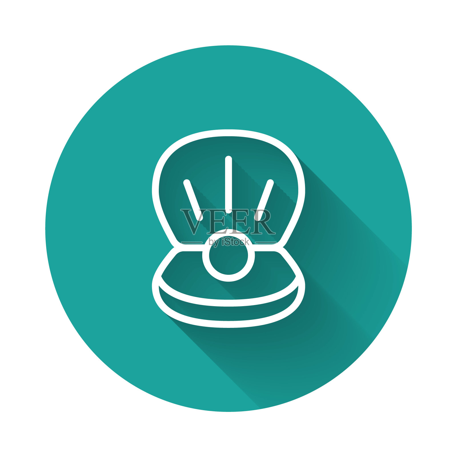 白线自然开放的贝壳与珍珠图标隔离与长阴影背景。扇贝贝壳。海贝的迹象。绿色圆圈按钮。向量图标素材