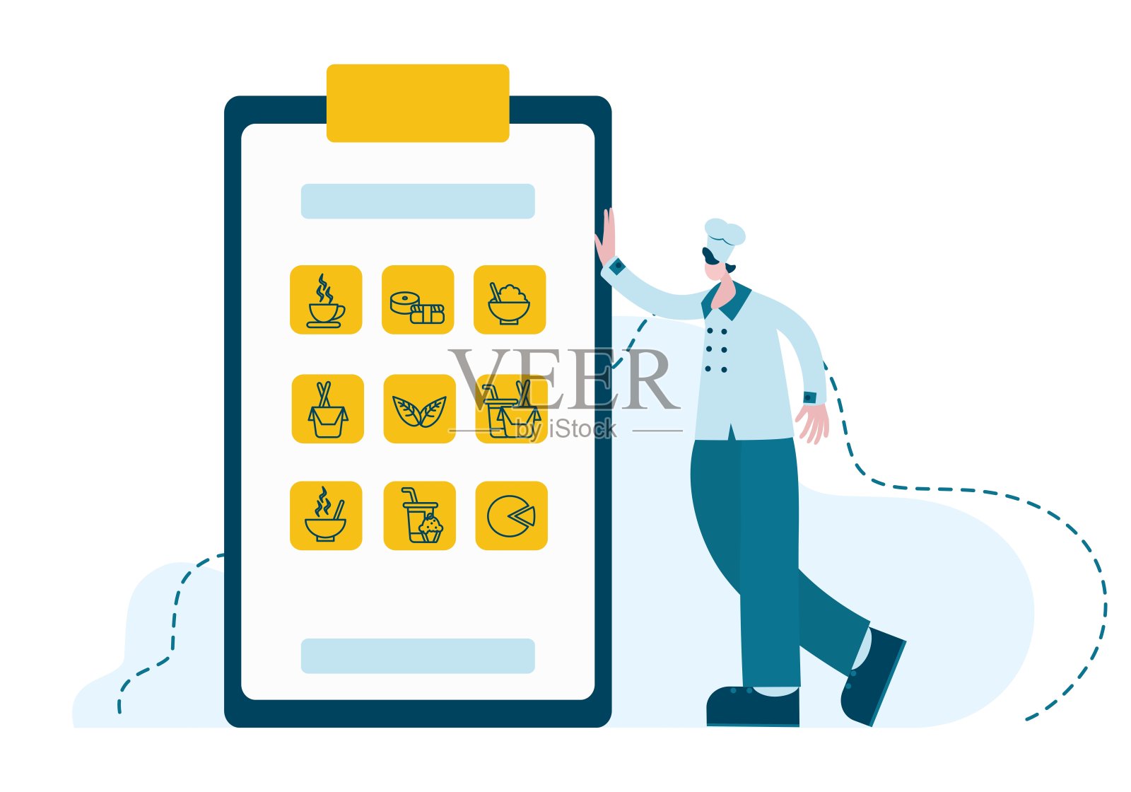 厨师指着菜单上菜肴的图标。概念网咖啡厅、餐厅、餐饮。图标素材