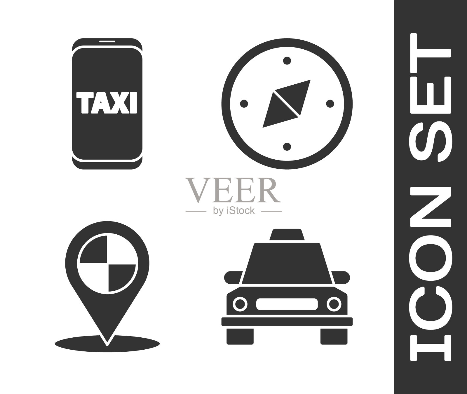 设置出租车,出租车呼叫电话服务,地图指针与出租车和指南针图标。向量图标素材