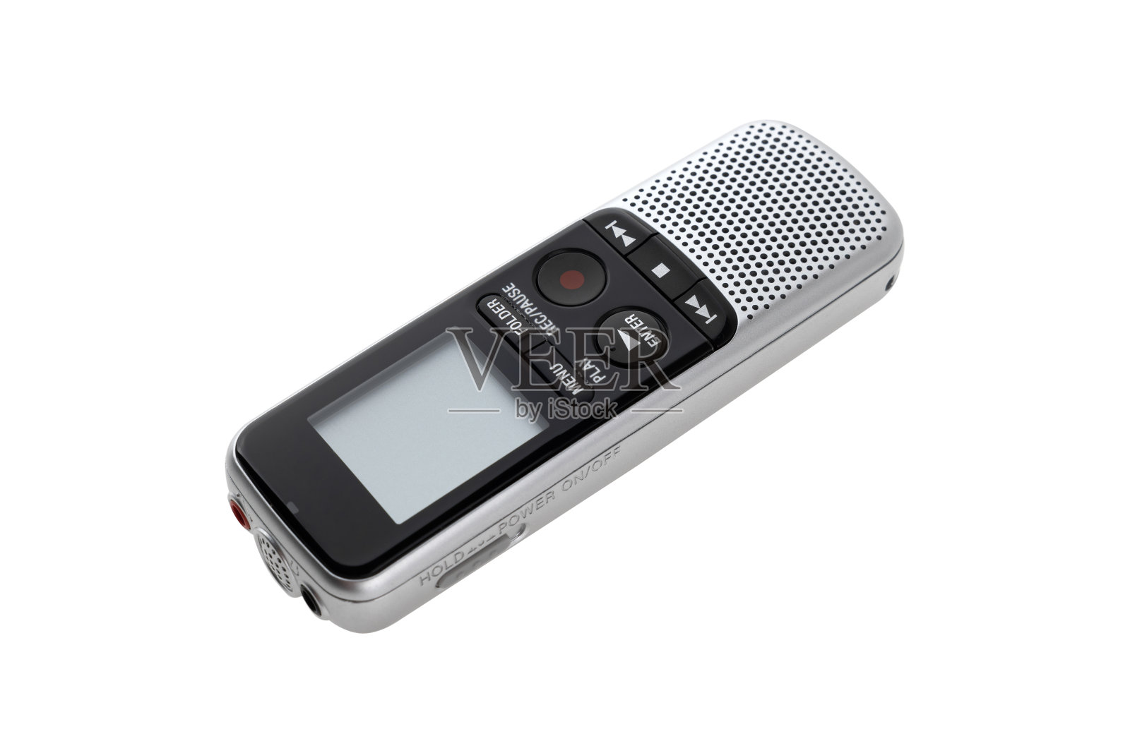 录音机被隔离在白色背景上。白色背景上的录音机特写。照片摄影图片