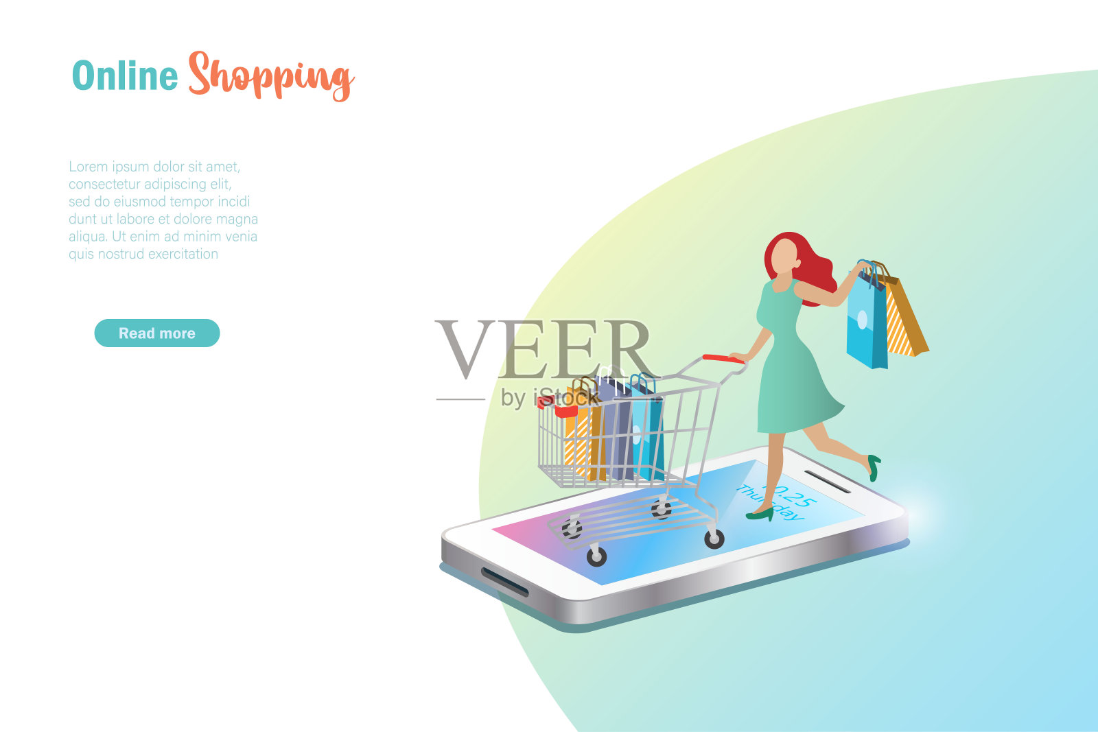 在线购物。用智能手机推着购物车购物的女人。电子商务及快递服务。矢量模板,横幅设计。插画图片素材