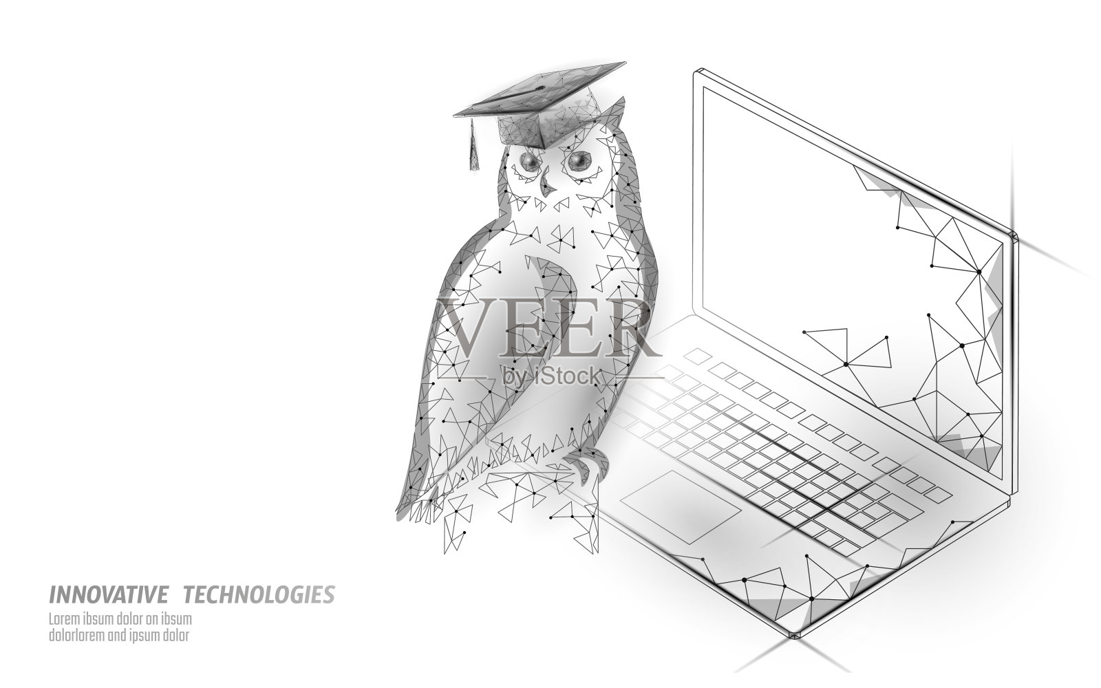 猫头鹰象征教育鸟类的智慧。电子学习距离的概念。研究生证书国际全球项目理念。低聚3D互联网教育课程世界地图矢量插图插画图片素材