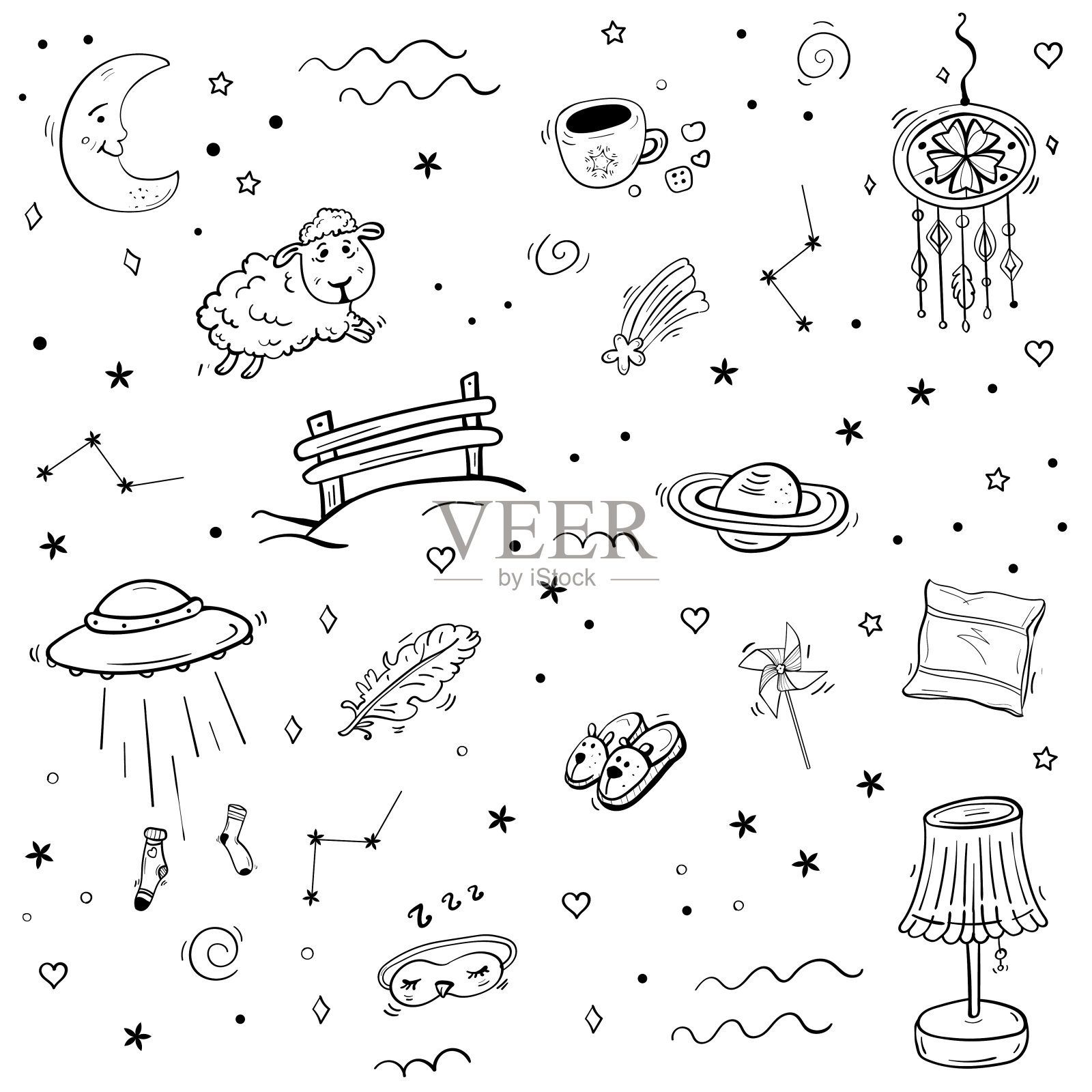 太空梦想收集行星,不明飞行物,睡眠配件,动物拖鞋,枕头和睡衣。睡眠和放松的时间,色彩包舒适的设置插画图片素材