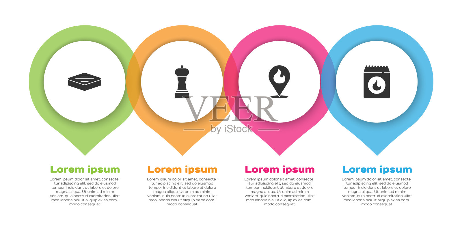 设置牛排,胡椒,位置与火焰和烧烤煤袋。业务信息模板。向量设计模板素材