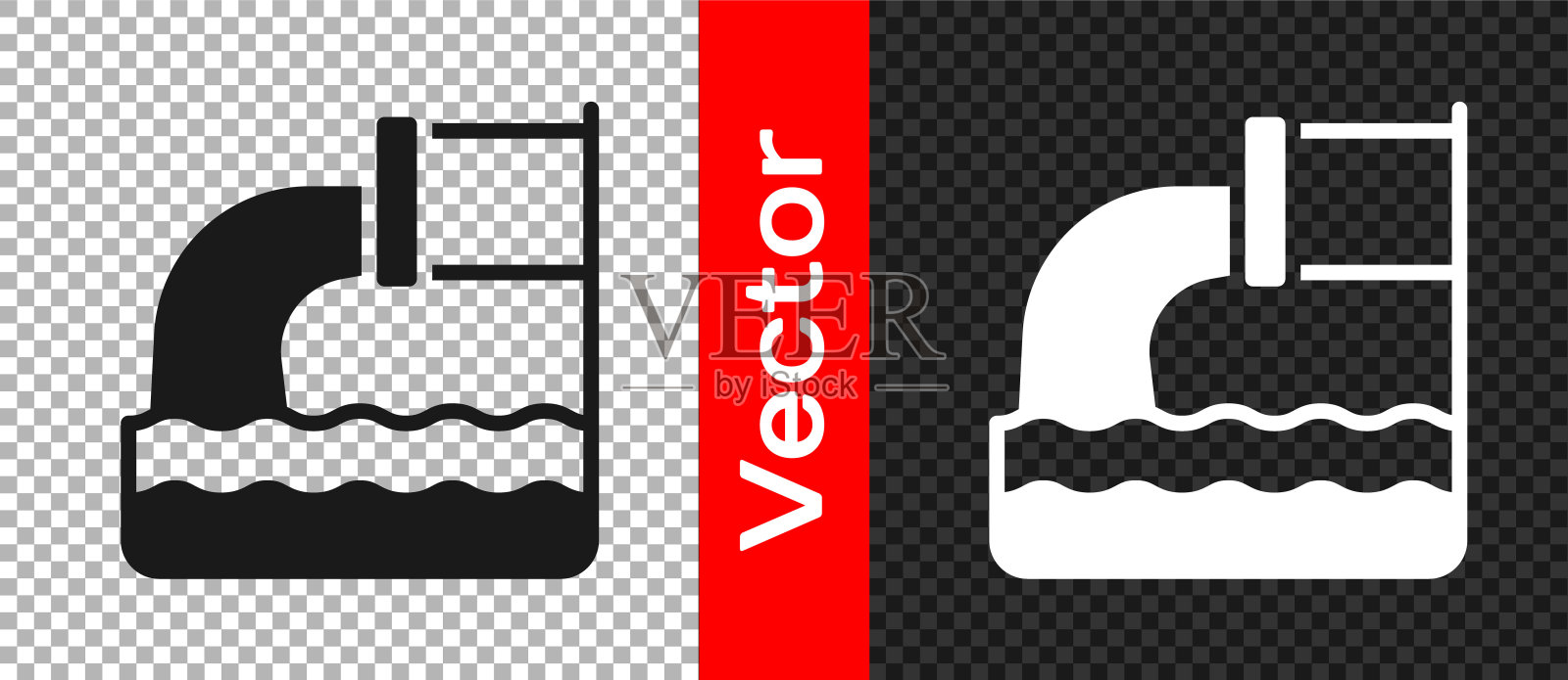 黑色废水图标孤立在透明的背景上。污水管。液体从管道流入河流。向量图标素材