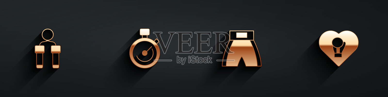 设置跳绳,秒表,拳击短和手套图标与长阴影。向量图标素材