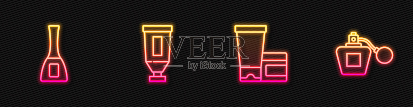 设置线霜或乳液化妆品管,指甲油瓶,香水。发光的霓虹灯图标。向量插画图片素材