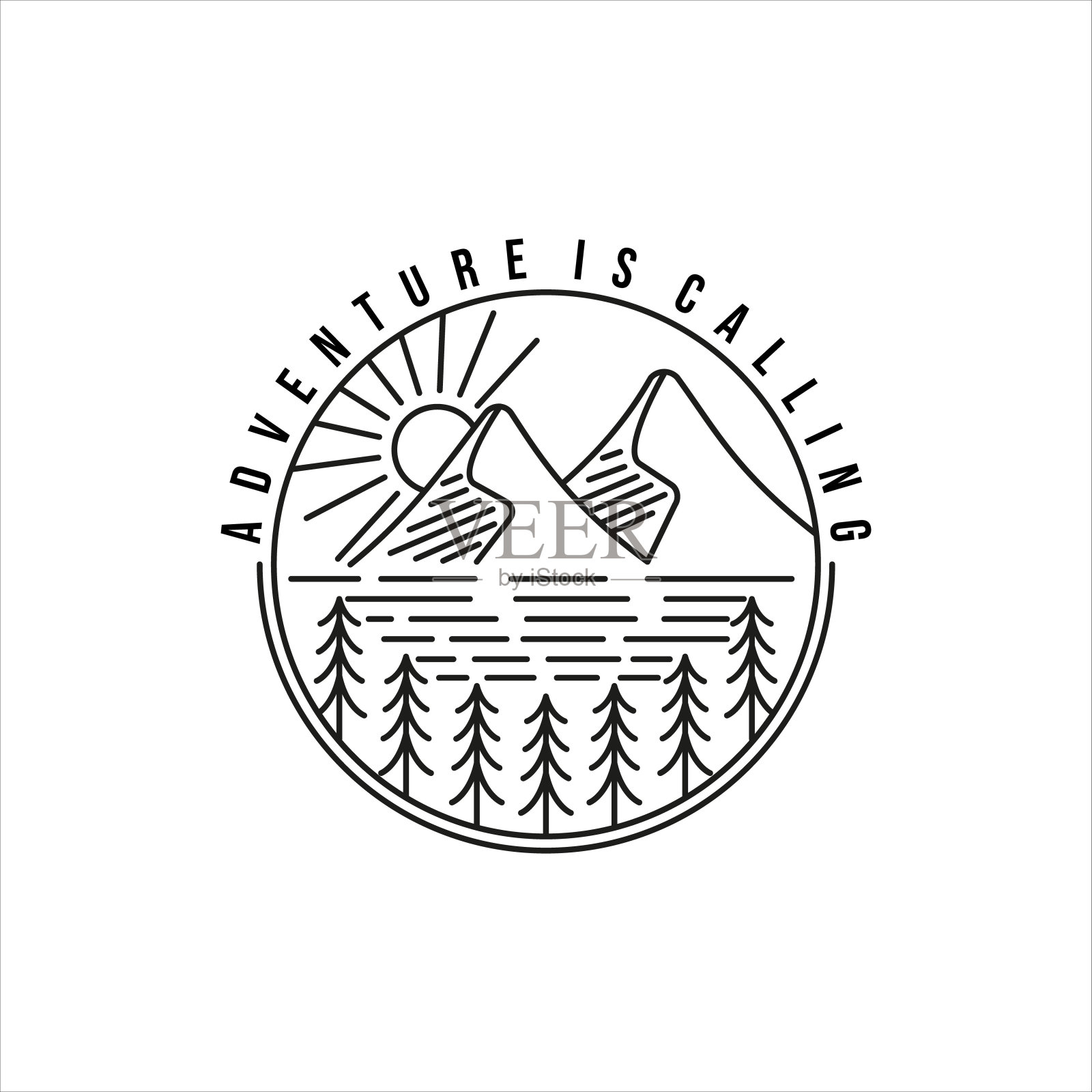 山松树标志线艺术简单极简矢量插图模板图标设计。探险概念为旅游公司标签配徽章徽章插画图片素材