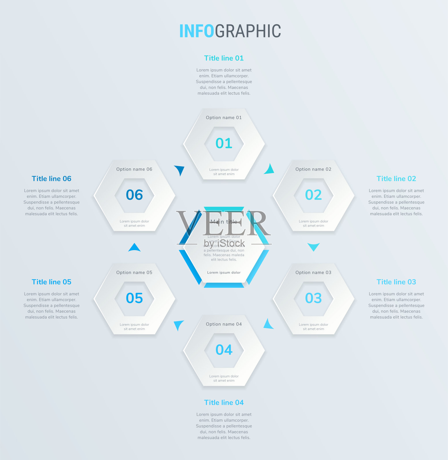 蓝色时间轴信息图形设计向量。6步,蜂巢式工作流程布局。矢量信息图表时间表模板。设计模板素材