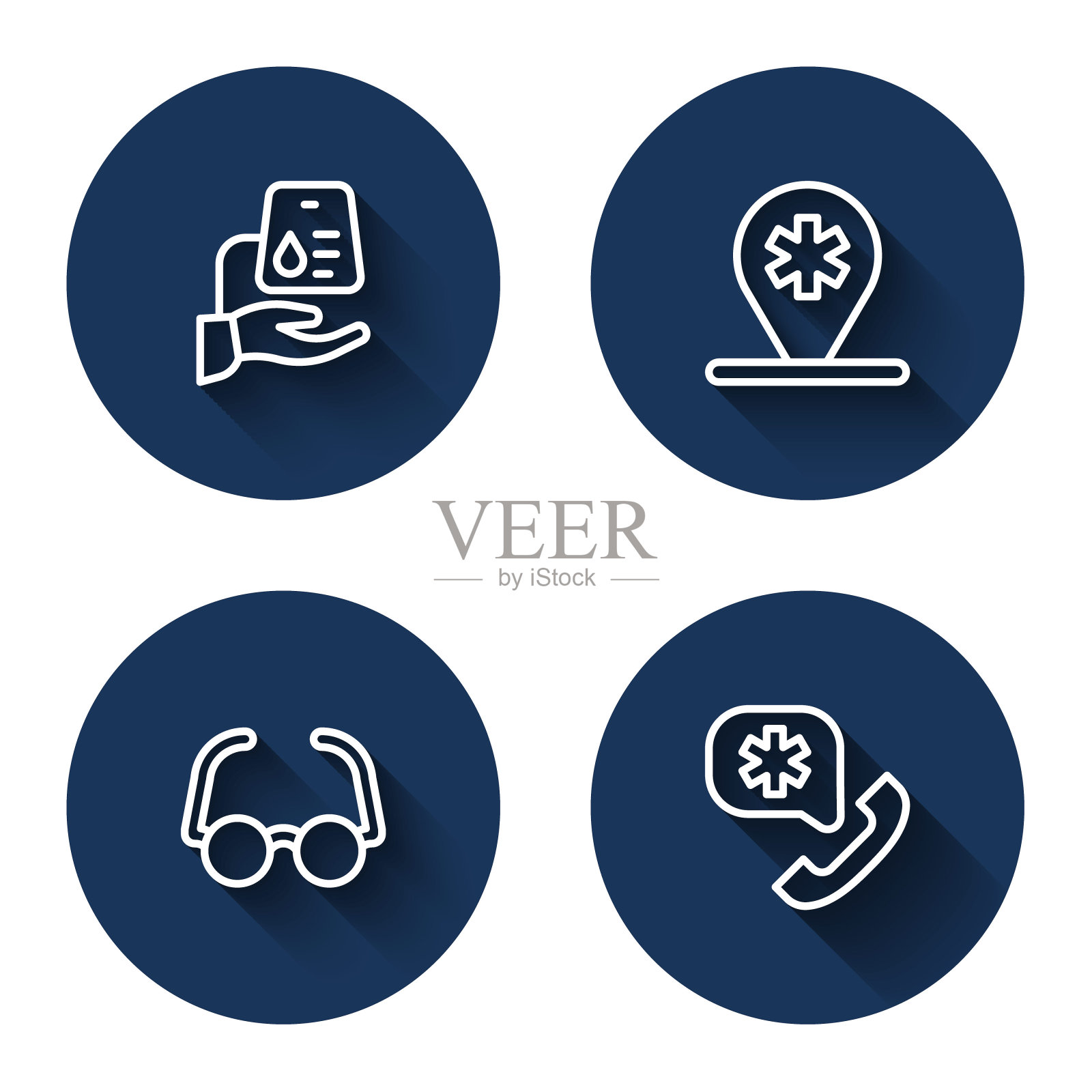 设有献血、定位医院、眼镜、长影报警等线路。蓝色圆按钮。向量插画图片素材