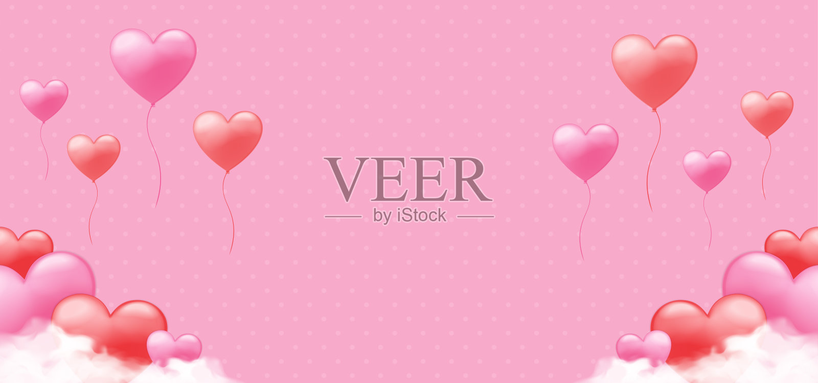 情人节的背景是红色和粉红色的心形气球和白色的云。粉红色背景与点图案。插画图片素材