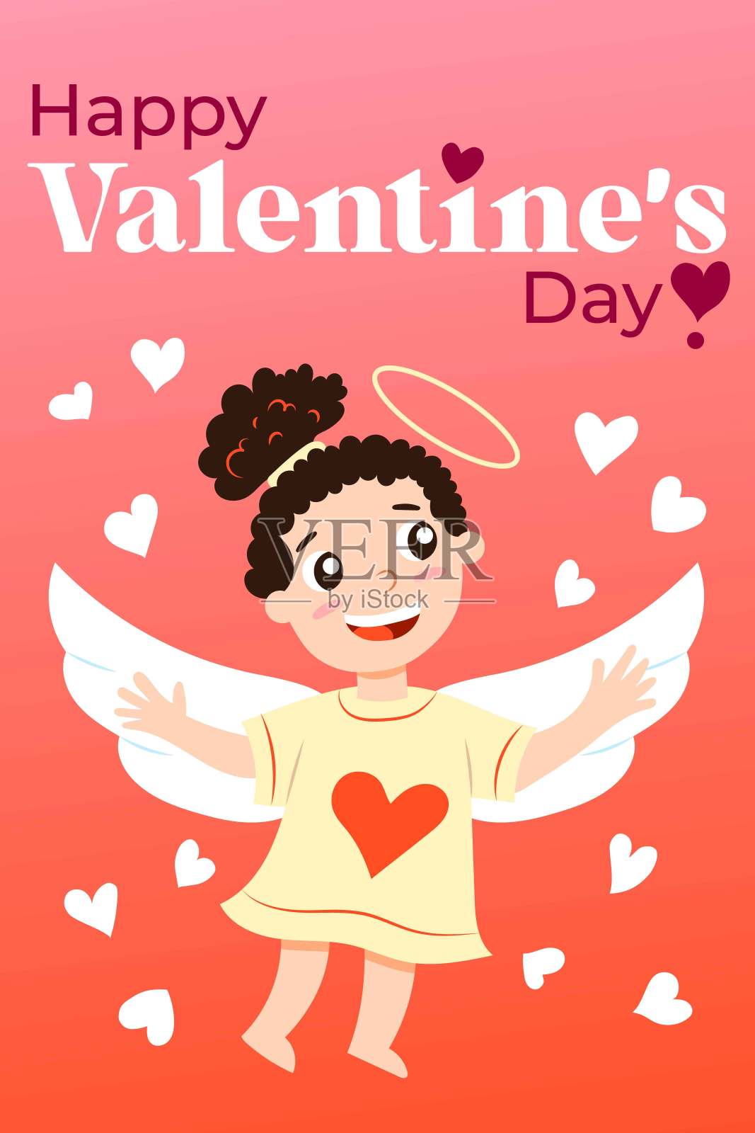 祝你情人节快乐。节日的祝贺。小女孩丘比特天使长着翅膀。粉红色和红色渐变背景。卡通风格。可爱和有趣。爱和浪漫。小白的心插画图片素材