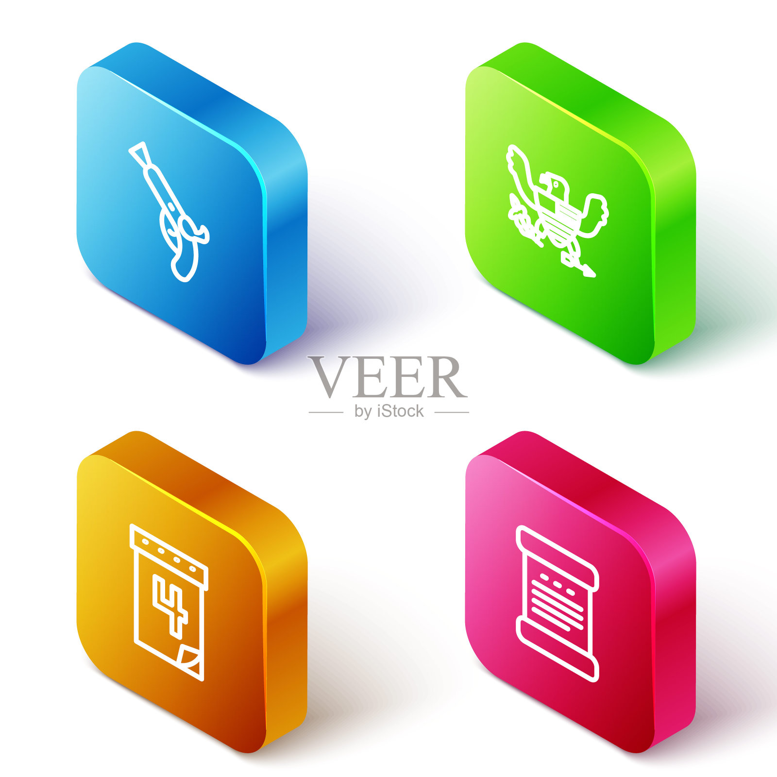 设置等距线老式手枪,鹰,日历日期7月4日和独立宣言的图标。向量图标素材