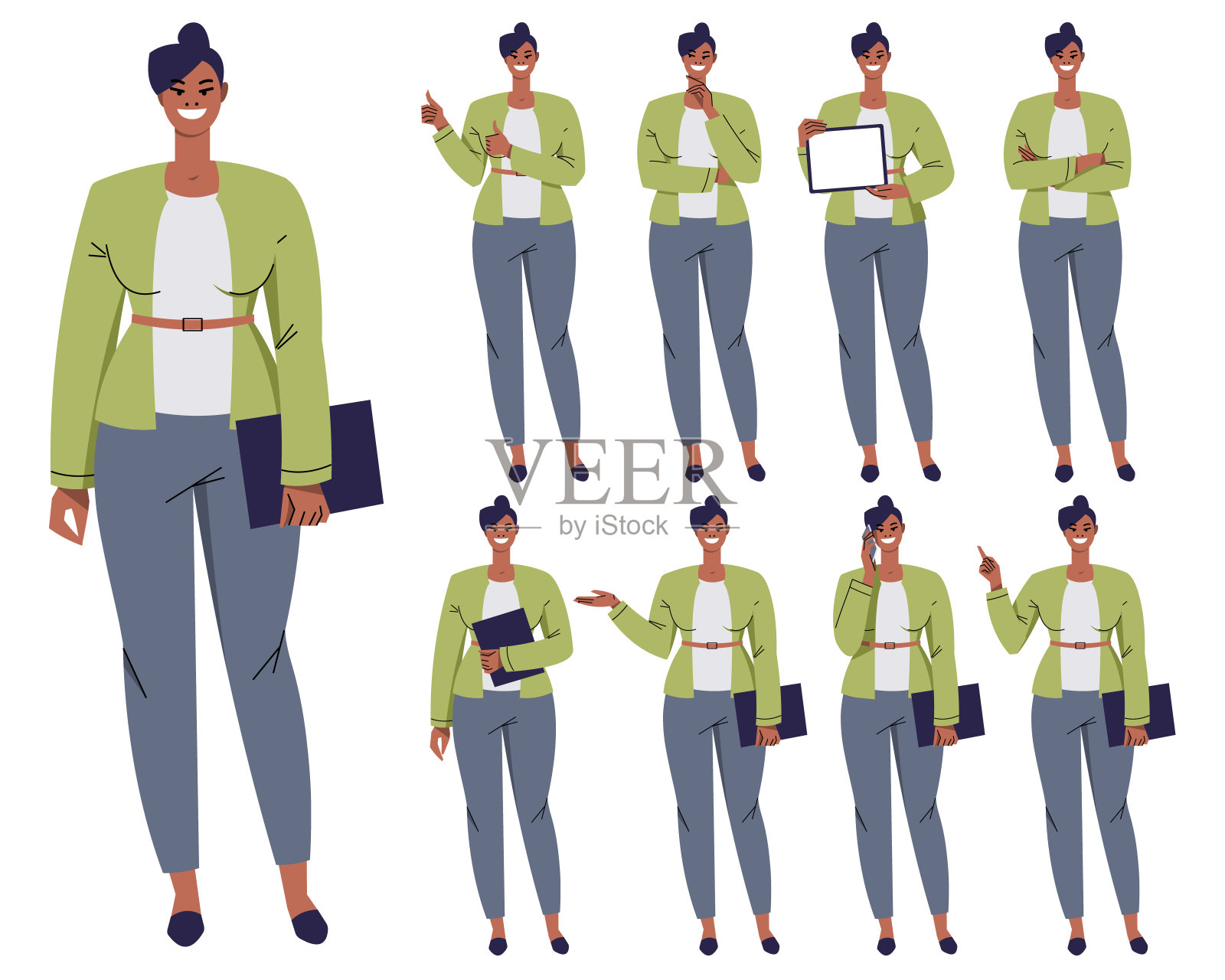一组商业女性的角色,以不同的姿势和姿态。插画图片素材