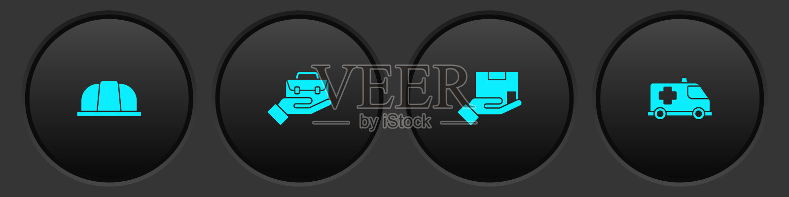 设置工人安全帽,手持公文包,运送保险和紧急车辆图标。向量插画图片素材