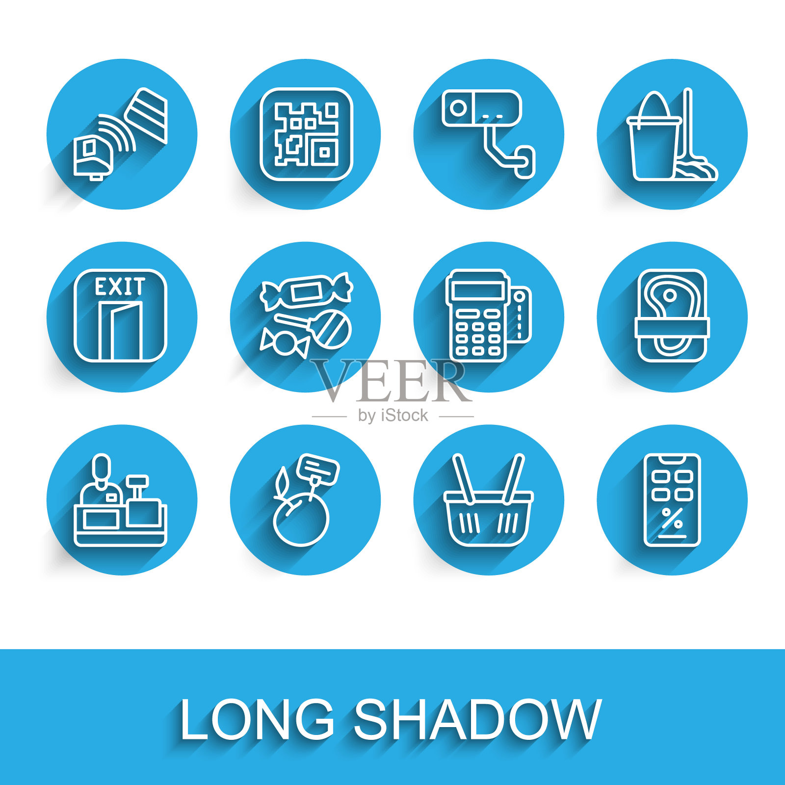 设置收银机线收银员,超市食品价格标签,POS终端信用卡,购物篮,折扣和移动,糖果,肉类包装牛排和图标。向量图标素材