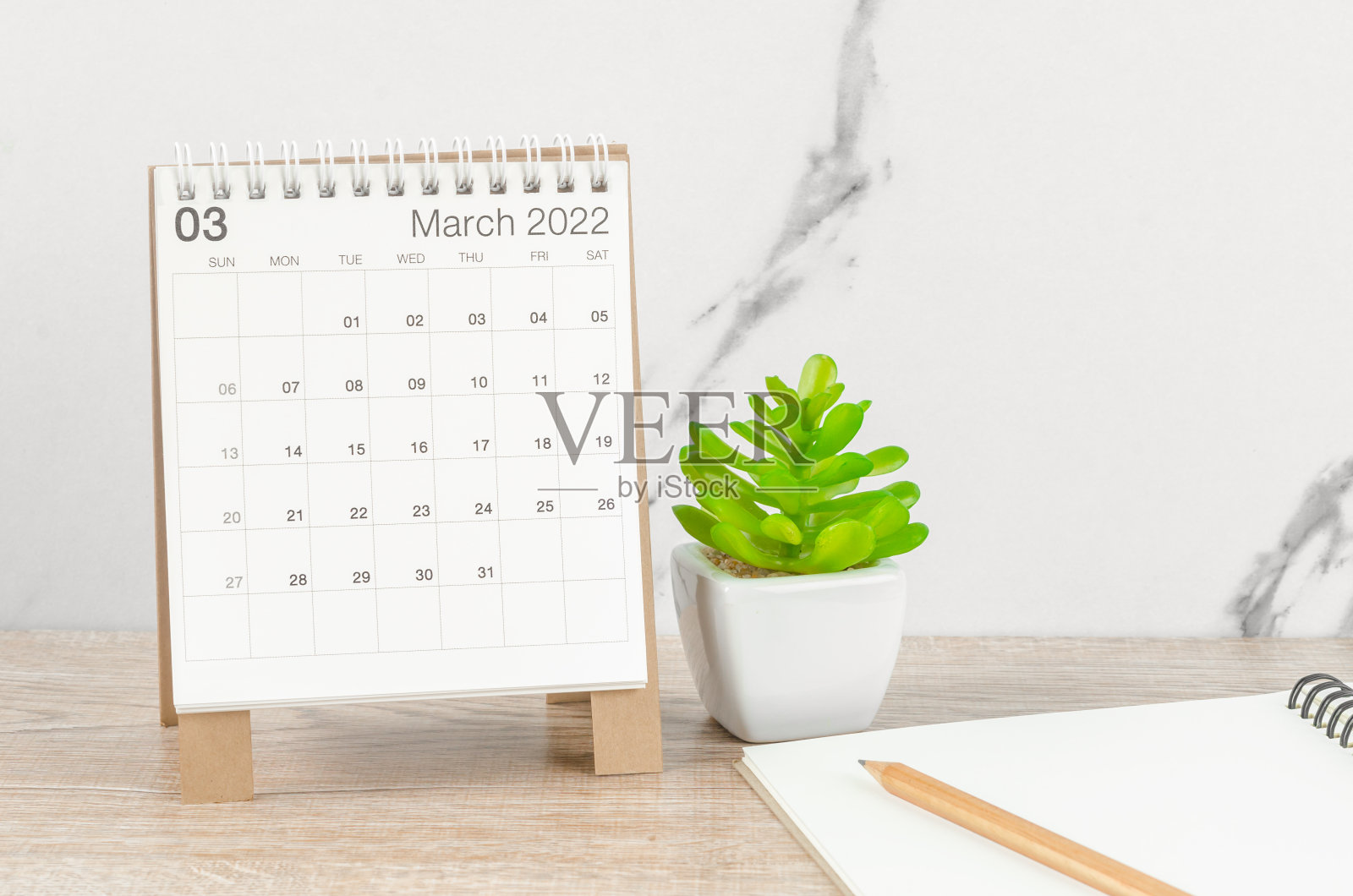 2022年3月木桌上放有植物的台历。照片摄影图片