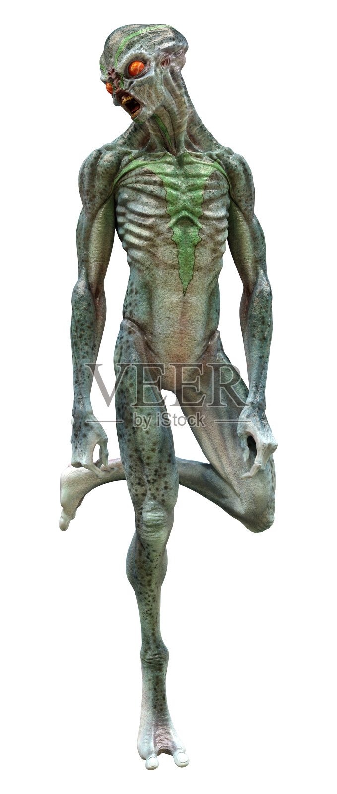 3D渲染绿色外星人在白色照片摄影图片