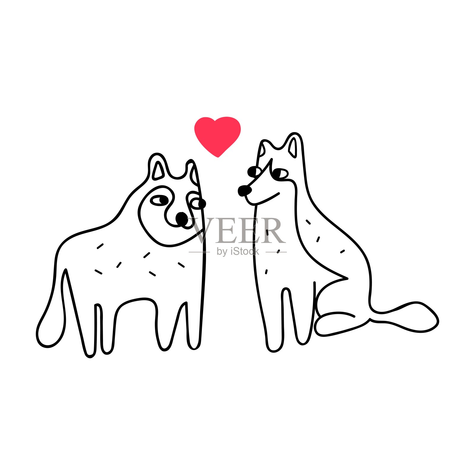 两只狗和红心象征爱情。插画图片素材