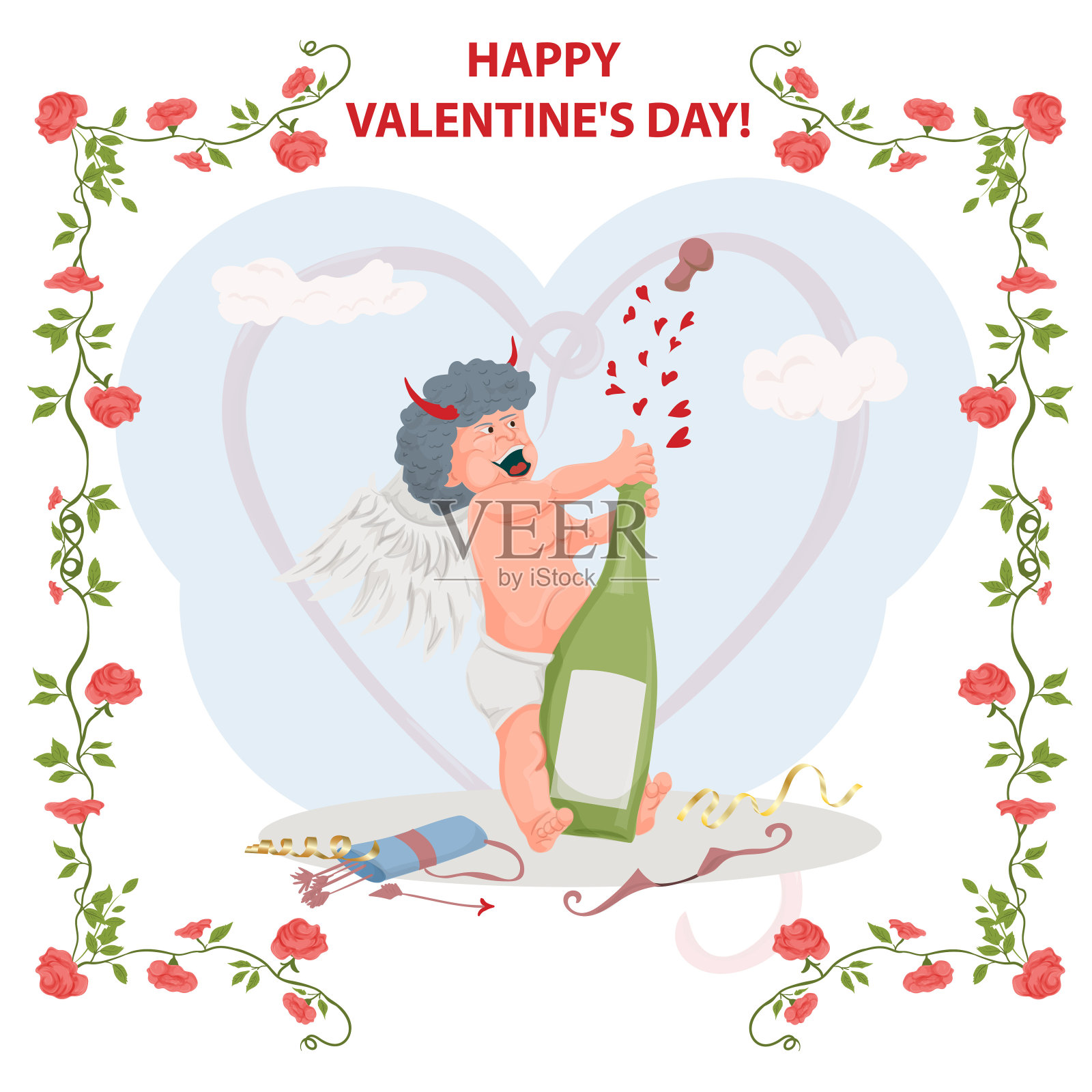 插图在一个扁平的风格为情人节假期在花丘比特翅膀打开一个瓶子与香槟饮料插画图片素材
