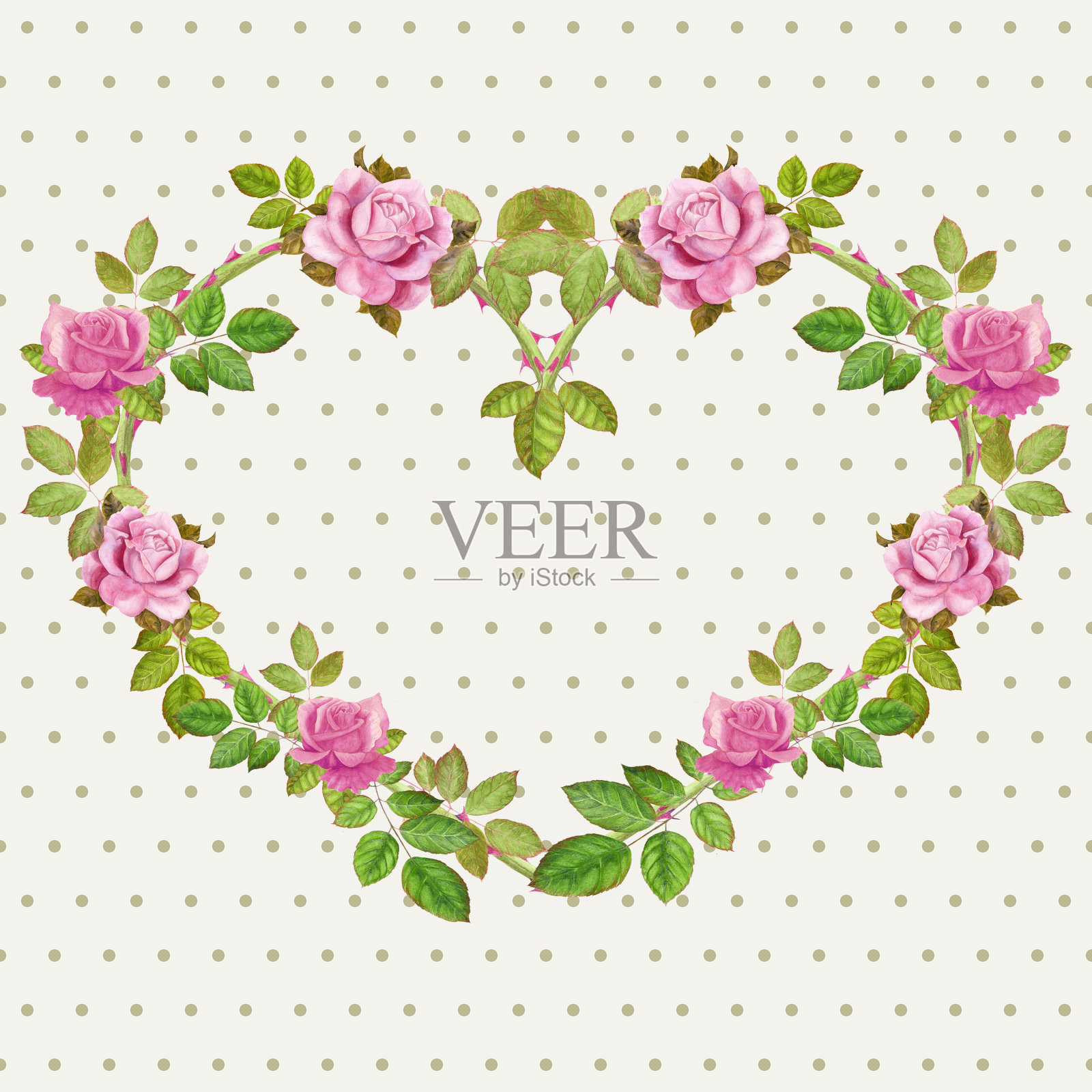 心形的玫瑰枝条上有花朵和叶子。抽象墙纸与花卉图案。无缝模式。墙纸。使用印刷材料,标志,海报,明信片,包装。插画图片素材