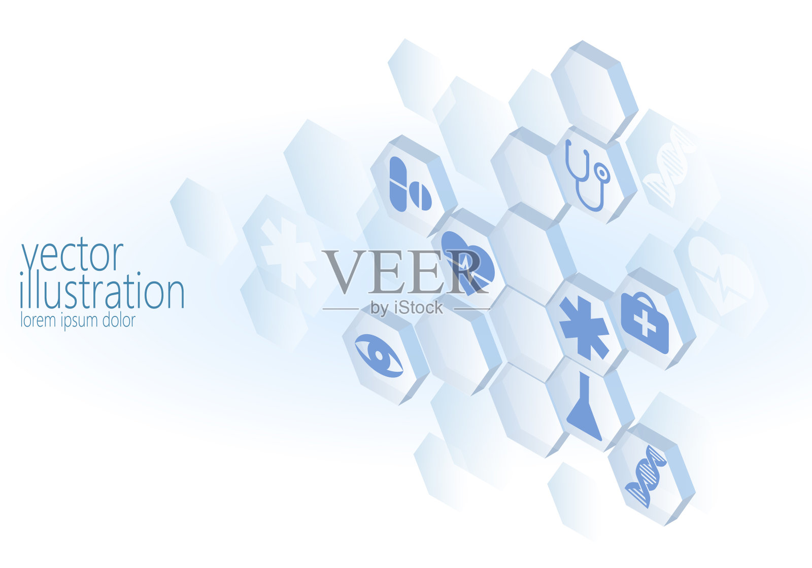 六边形医疗平面图标集。救护车创新医疗中心招贴商业设计元素。等长三维抽象组成蓝色发光矢量插图插画图片素材