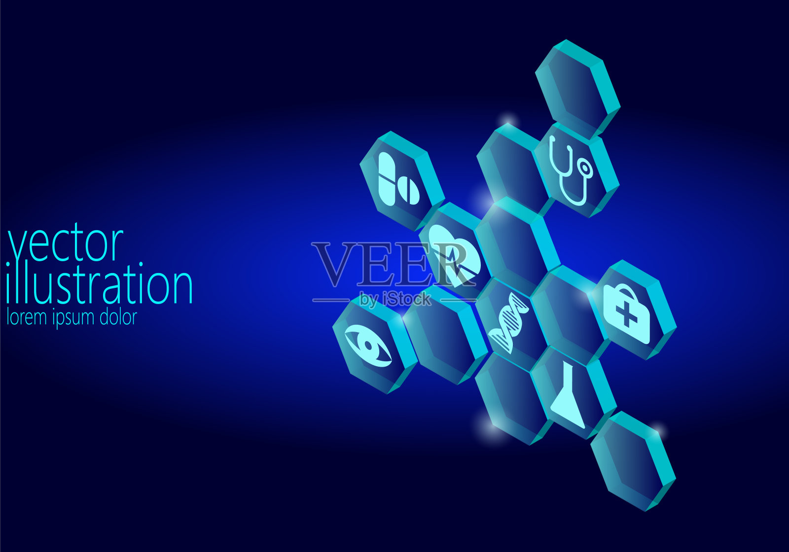 六边形医疗平面图标集。救护车创新医疗中心招贴商业设计元素。等长三维抽象组成蓝色发光矢量插图插画图片素材