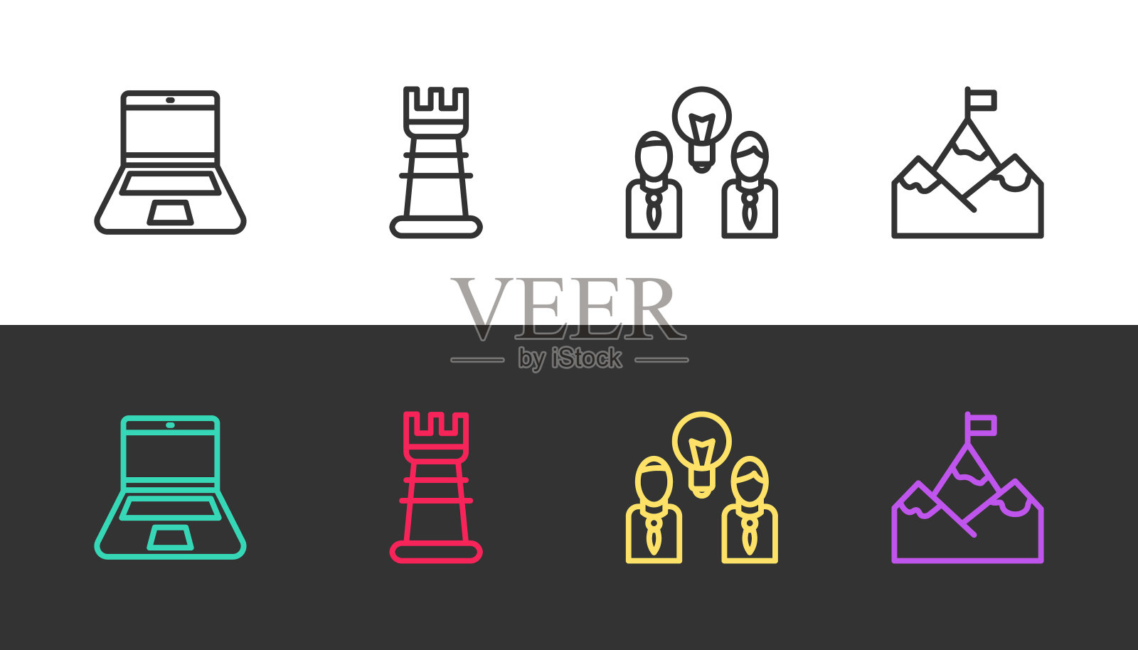 设定线笔记本电脑,商业策略,人与灯泡和山旗黑白。向量图标素材