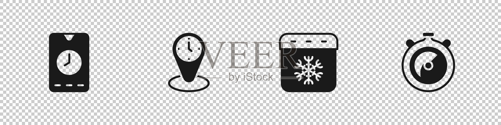 设置闹钟应用程序移动,时区时钟,日历冬季和秒表图标。向量图标素材