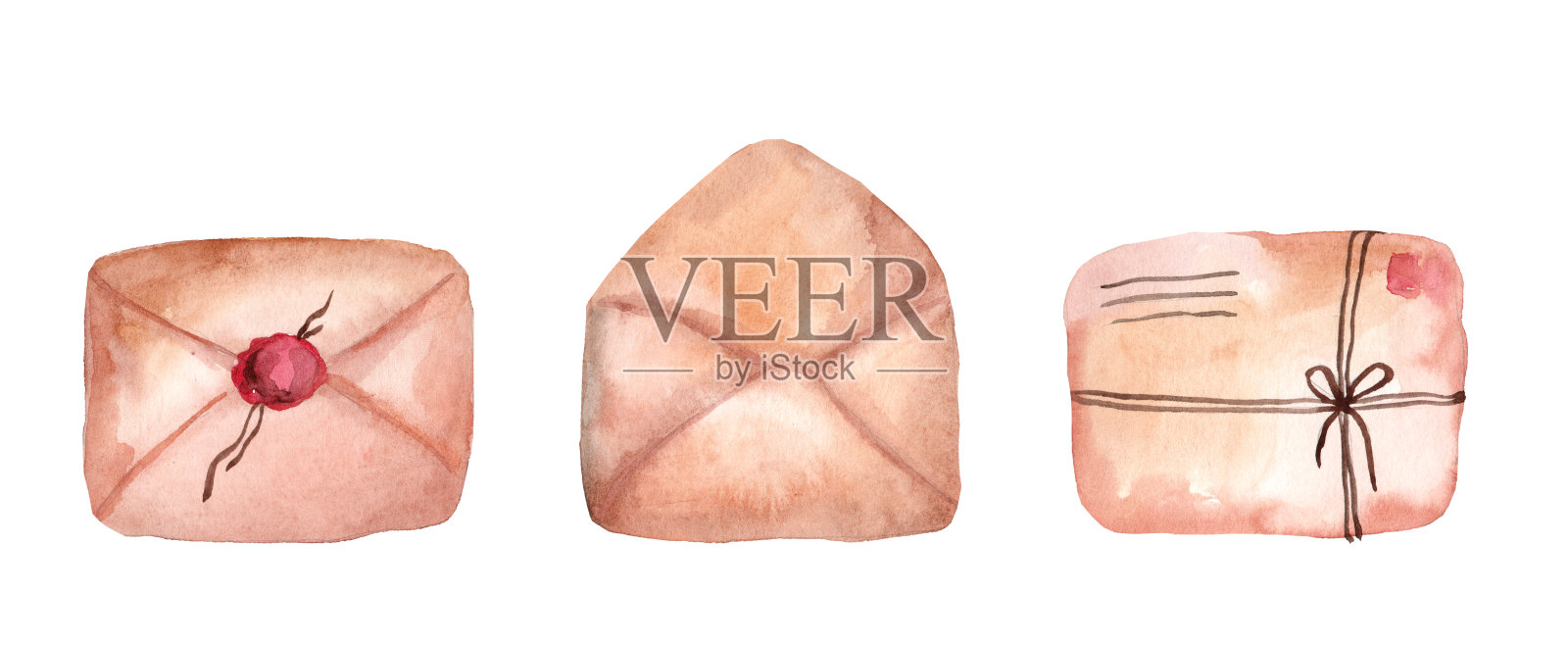 用蜡封的信封。一套老式水彩插图孤立在白色背景上插画图片素材