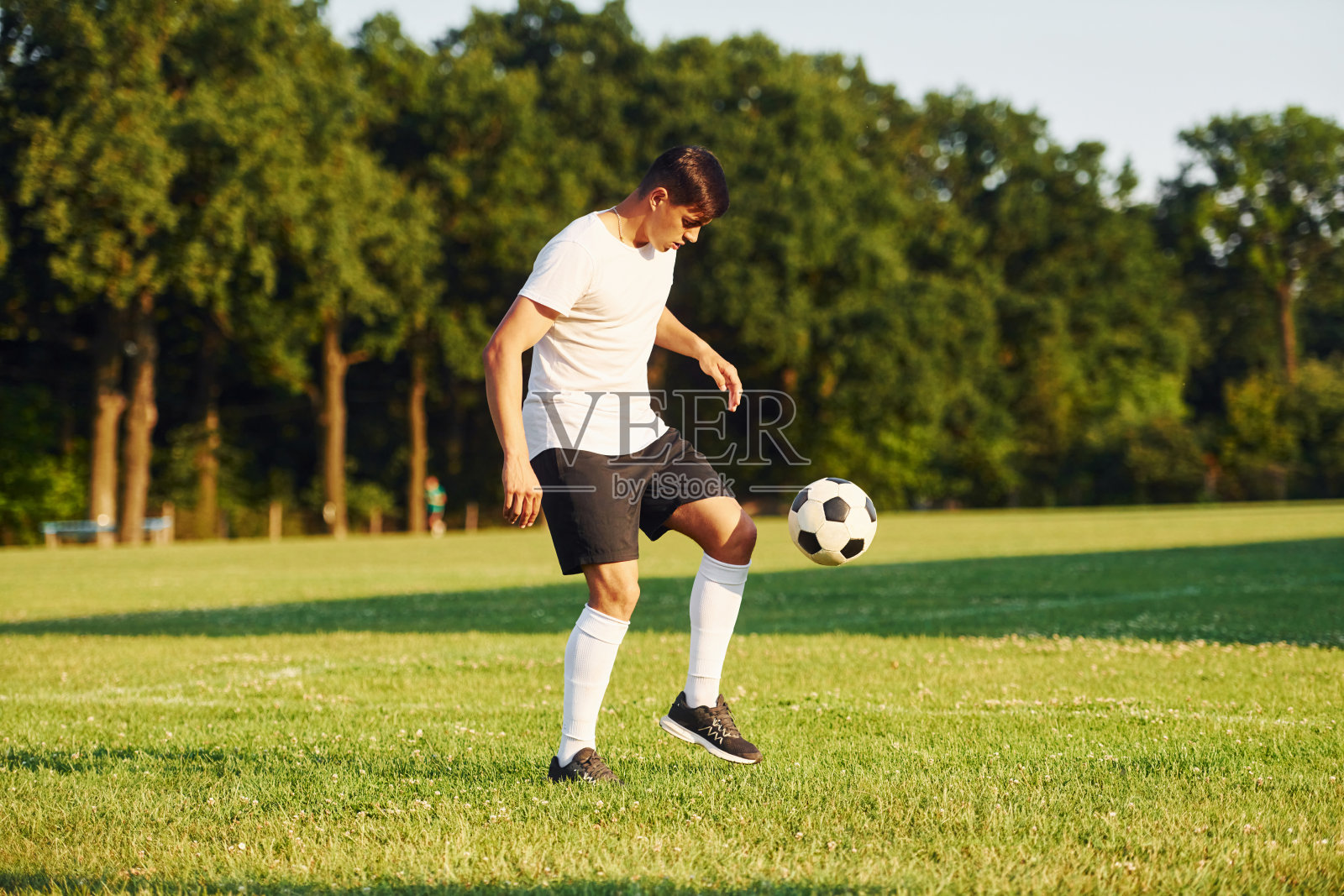 年轻的足球运动员在运动场上接受训练照片摄影图片