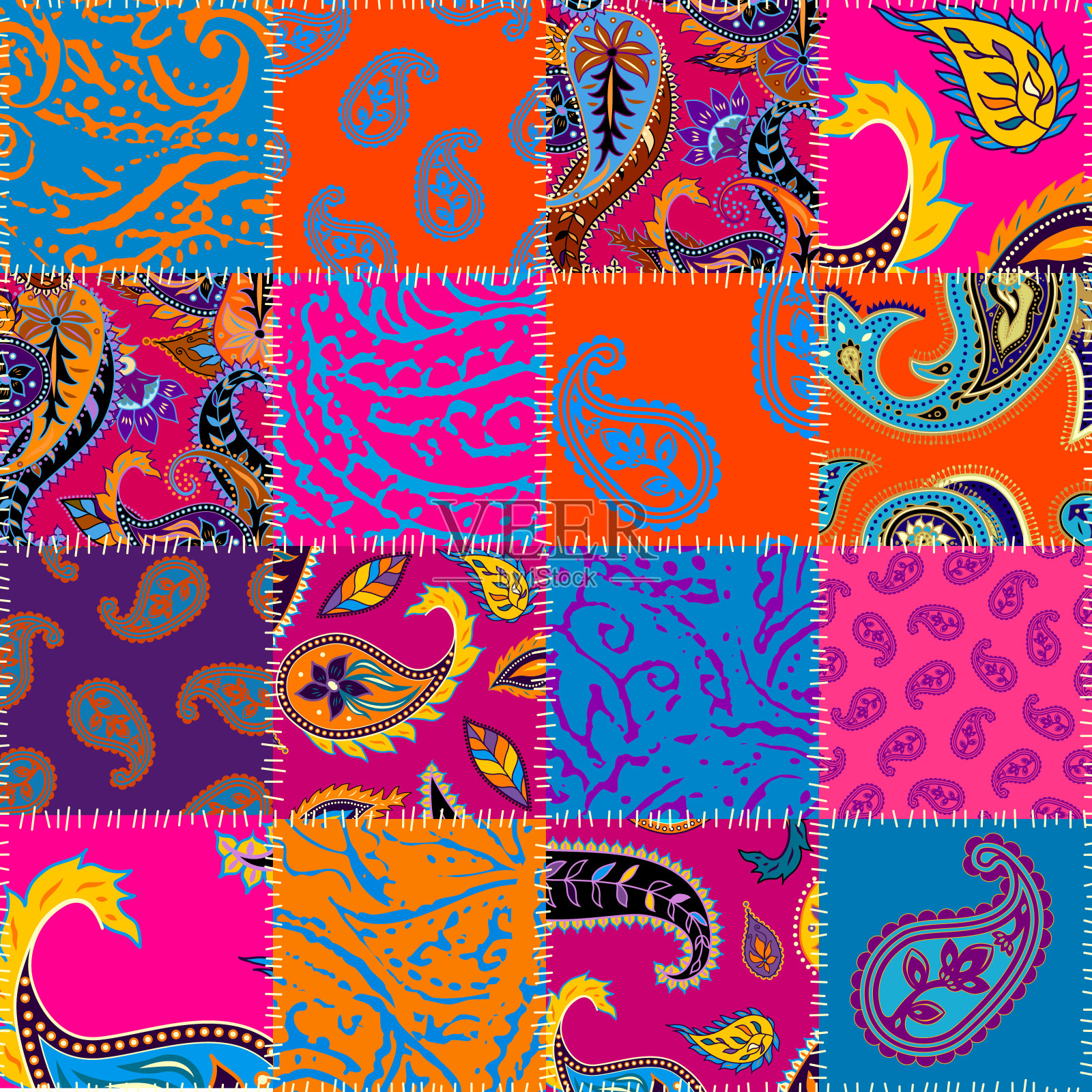 拼接图案与佩斯利装饰图案。明亮的洋红色和橙色。插画图片素材